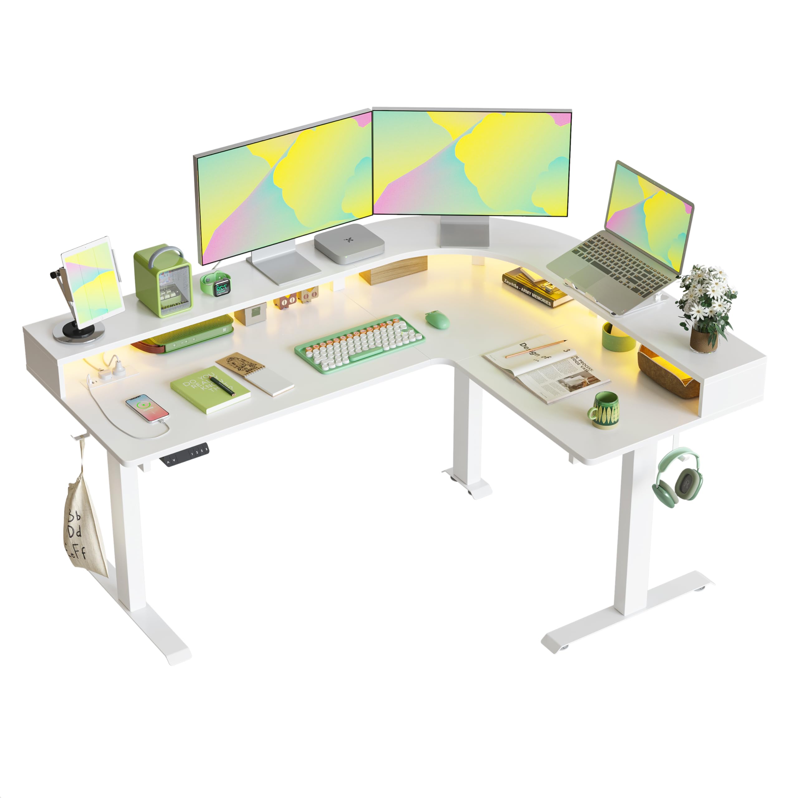FEZIBO 63" L Shaped Standing Desk with Arc LED &amp; Power Outlet, Exclusive Uprated Triple Motors Support 330LBS, Electric Height Adjustable L Shaped Desk with Large Monitor Stand, for Home Office, White