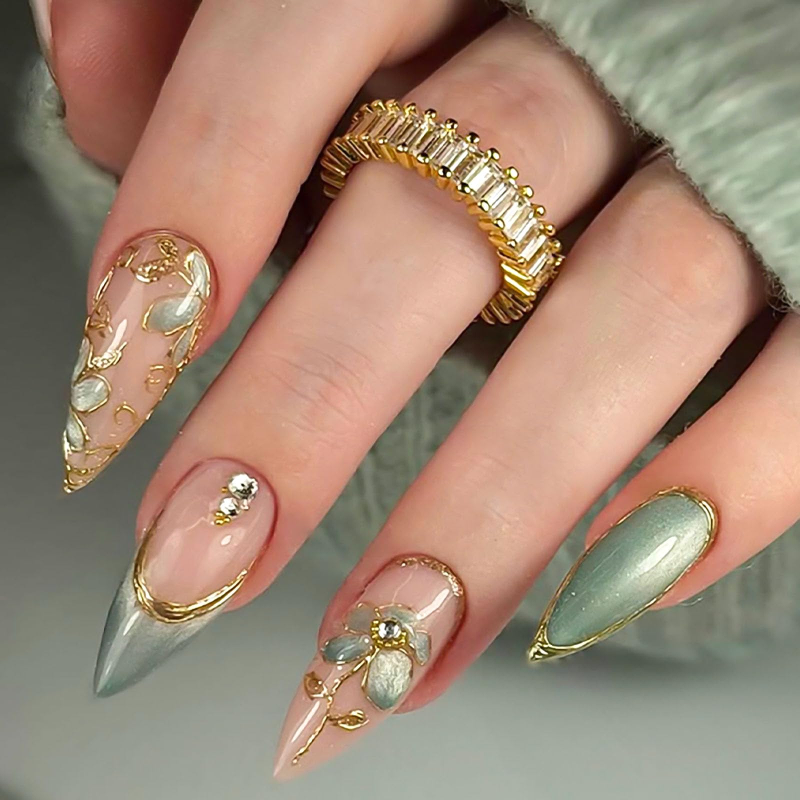 Photo 1 of ***STOCK PHOTO FOR REFERENCE ONLY***RUOKEXIN Long Almond Press on Nails French Tip Fake Nails Green False Nails with 3D Gold Flower Designs Stiletto Nail Press ons Sparkly Artificial Nails for Women 30Pcs