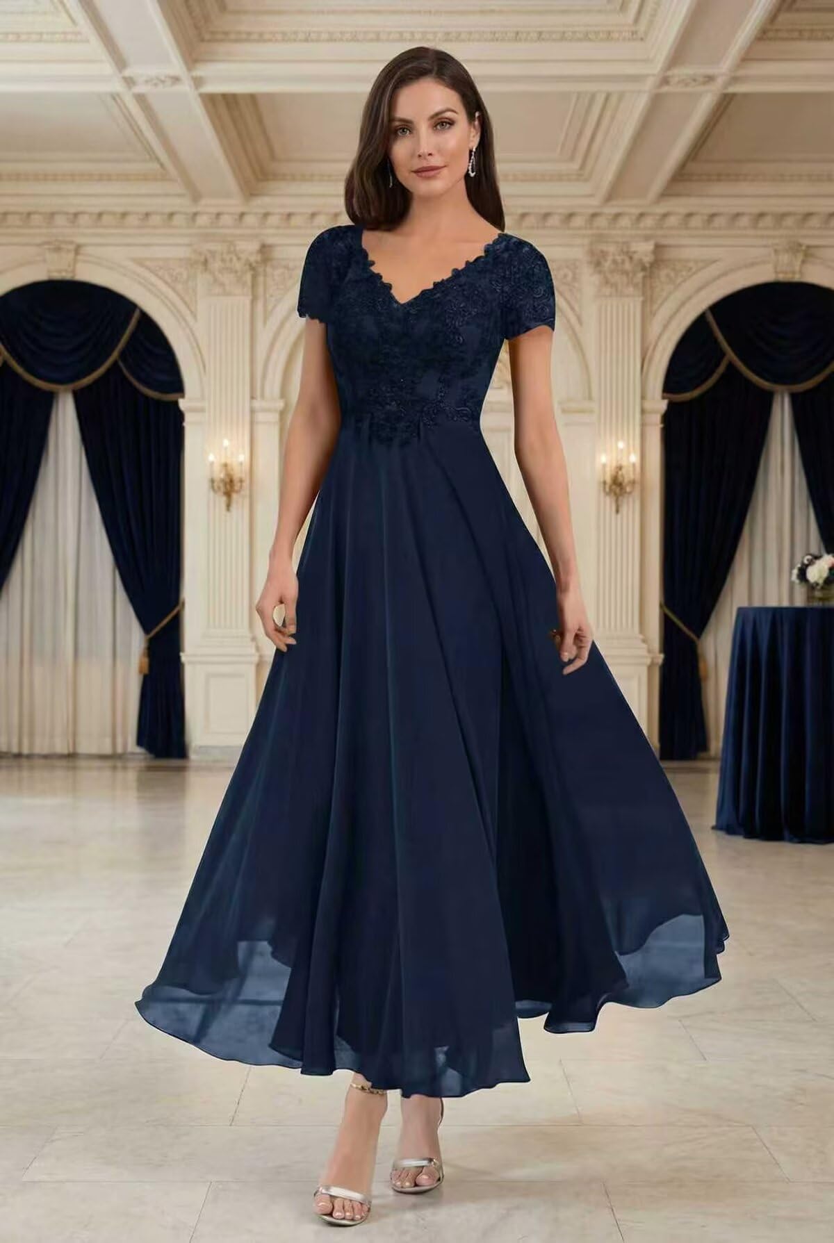 Brautmutterkleider für Hochzeit Elegant – Chiffon V-Ausschnitt A-Linie mit Spitze Lang Abendkleid