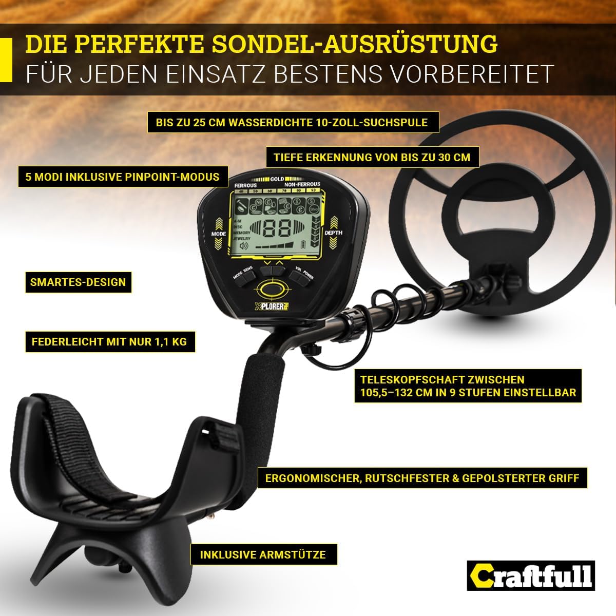 Craftfull Metalldetektor | Metalldetektoren für Kinder und Erwachsene - Pinpointer - Metal Detector - Gold Detektor - Schatzsuche - Metallsuchgerät wasserdicht - Multidetektor - Metalldetektor Set