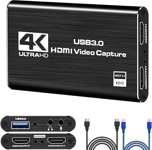 4K HDMI Video Capture Card, USB3.0 1080P 60FPS Video Recorder, Switch Capture Card for Streaming Gaming and Broadcasting, Works with Xbox Series X/S, Xbox One X/S, PS4, OBS, Camera (Black) - Black