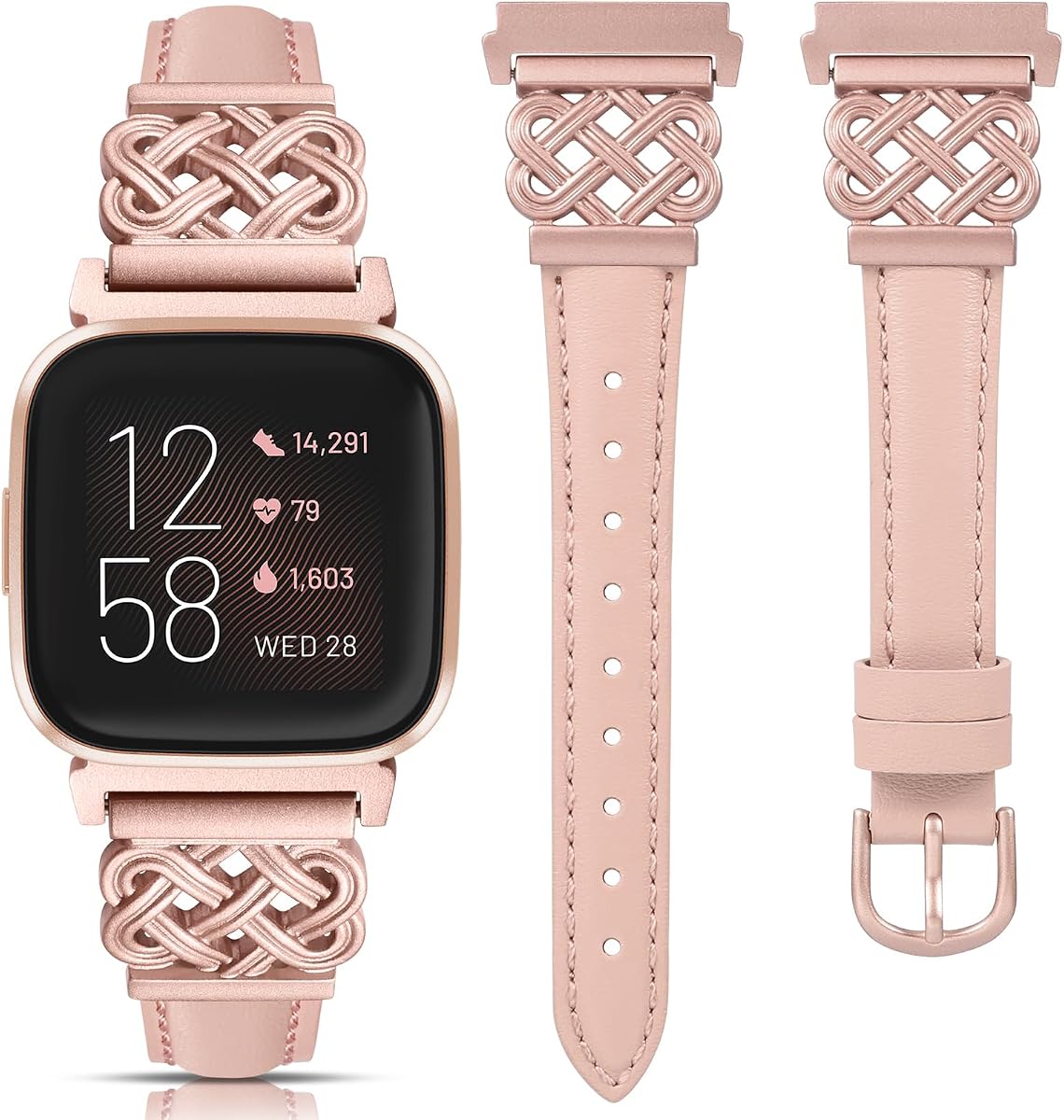 TOYOUTHS Celtic Knot Leather Band Compatible with Fitbit Versa 2/Versa/Versa Lite/SE Band Women, Slim Dressy Thin Designer Premium Leather Strap with Interlock Buckle for Fitbit Versa 2 Smartwatch