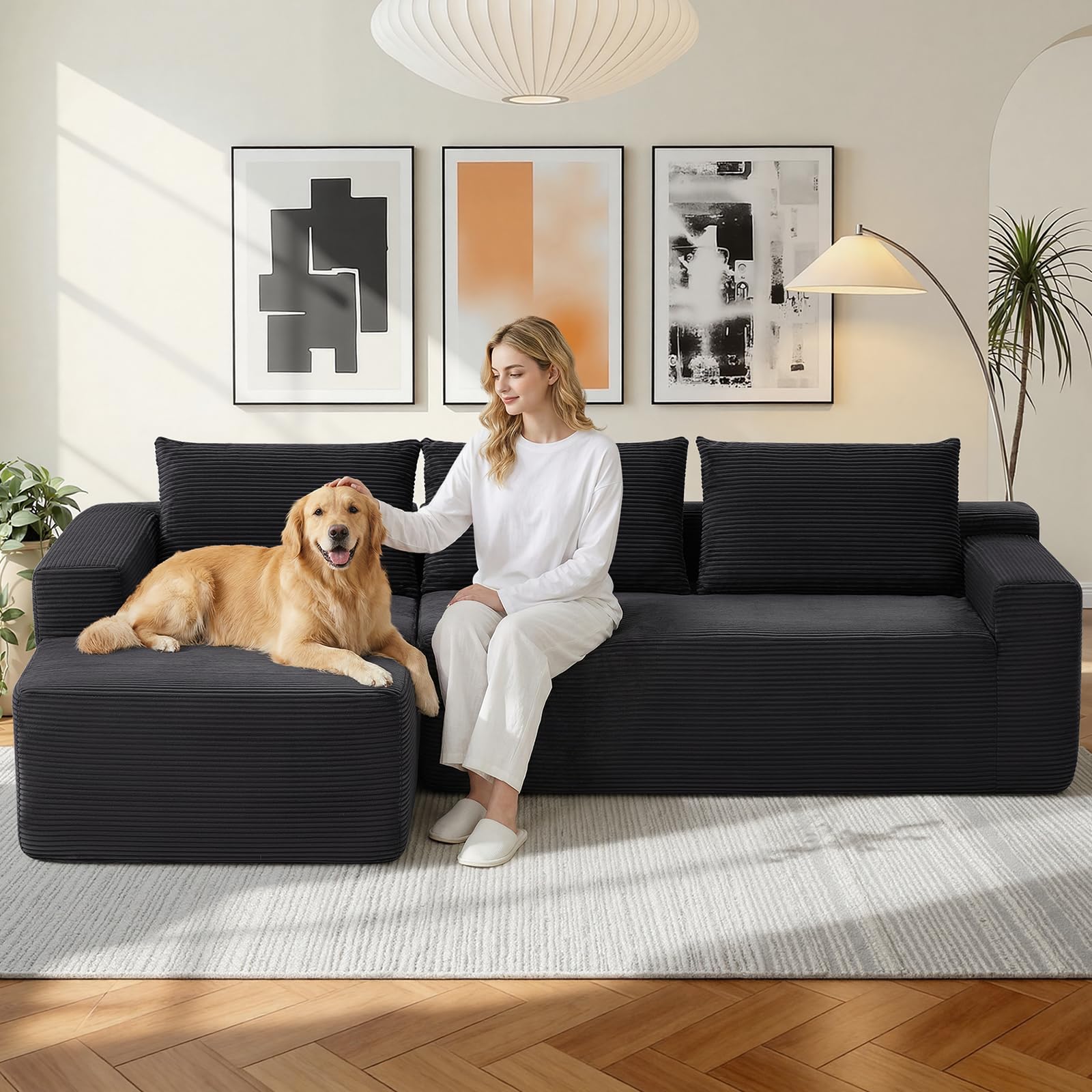 97" Cloud Sectional Couch, Modern Boneless Couch with L-Shape Chaise, Deep Seat Modular Sectional Sofa Corduroy Corner Foam Couches for Living Room,No Assembly Required(Black, Left Facing Chaise)