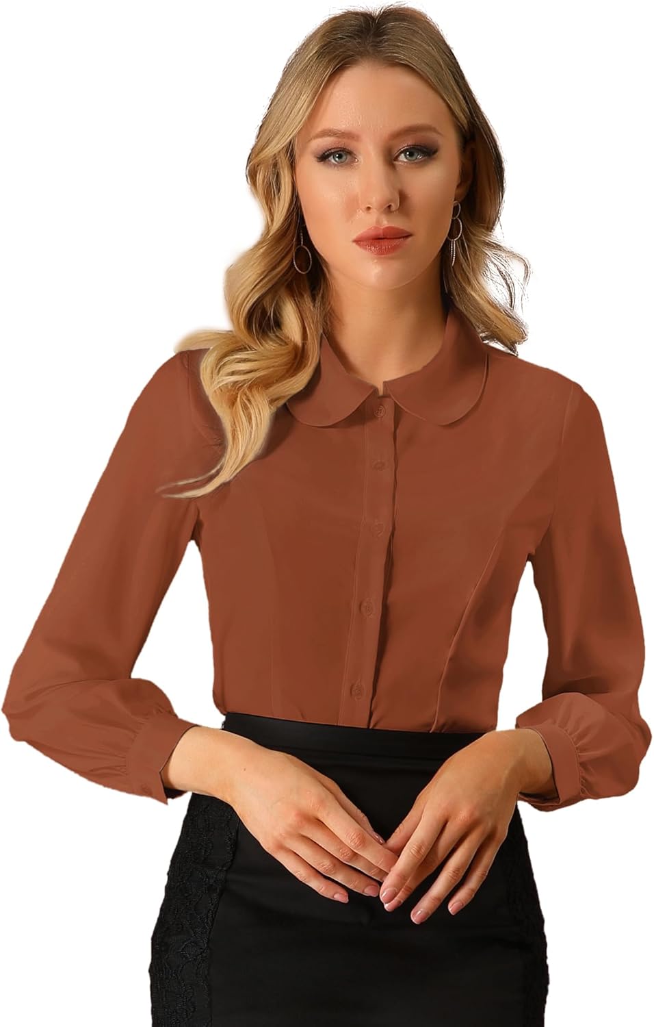 Allegra K Women's Peter Pan Collar Blouse Business Casual Long Sleeve Button Down Work Shirt