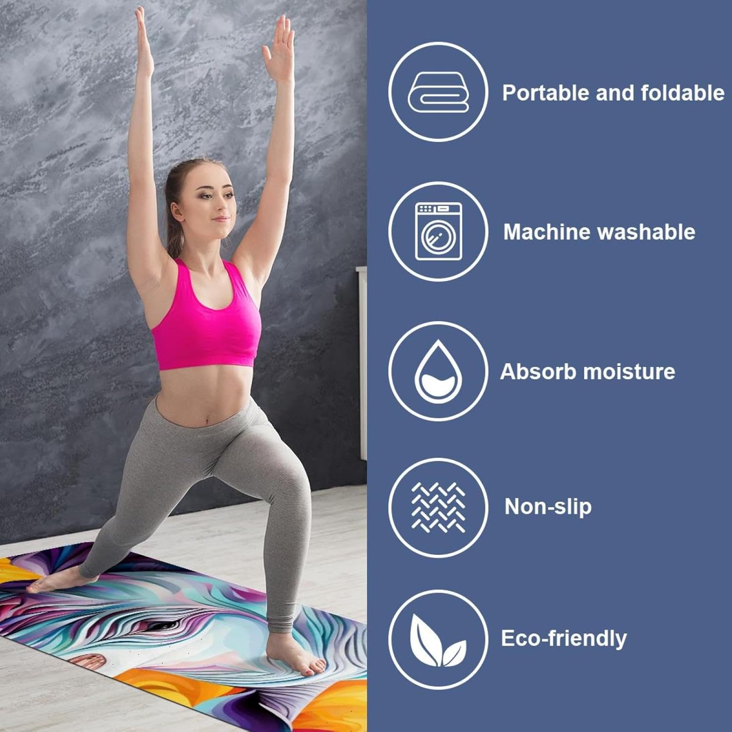 Yoga Towel, Rhino Animal Print Non Slip Sweat Absorbent Hot Yoga Mat Towel for Hot Yoga, Pilates and Fitness - 72.8" x 26.8"