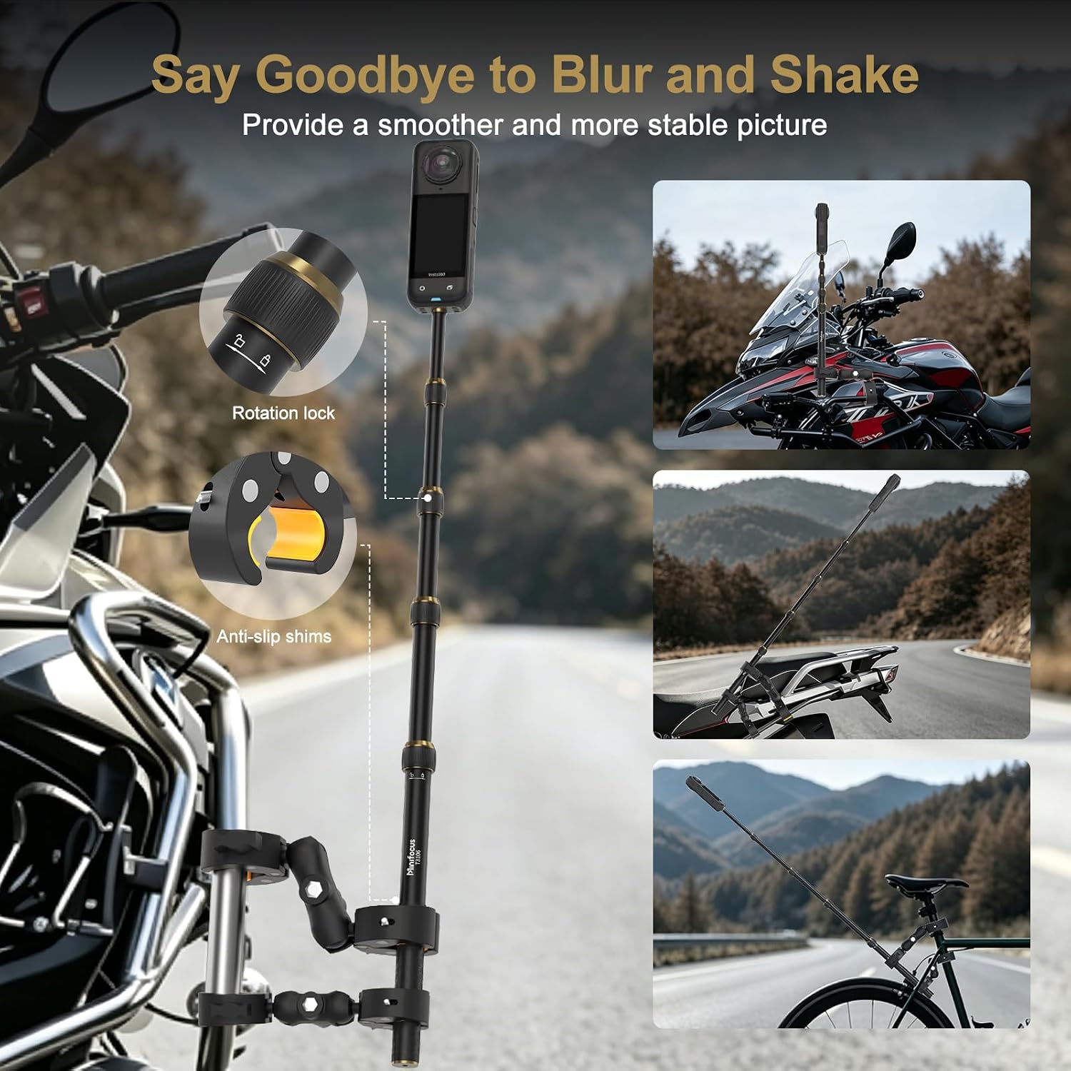 Motorcycle Mount for Insta360 X5 X4 X3 X2 X ONE RS R GO 3, 59" Invisible Selfie Stick with Adjustable Dual Clamp Bike Handlebar Mount for GoPro DJI Osmo Action/360 Camera image 5
