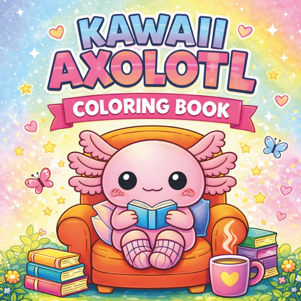 Kawaii Axolotl Coloring Book: Bold and Easy Coloring Pages for Kids and Adults Featuring a Cozy Axolotl Life