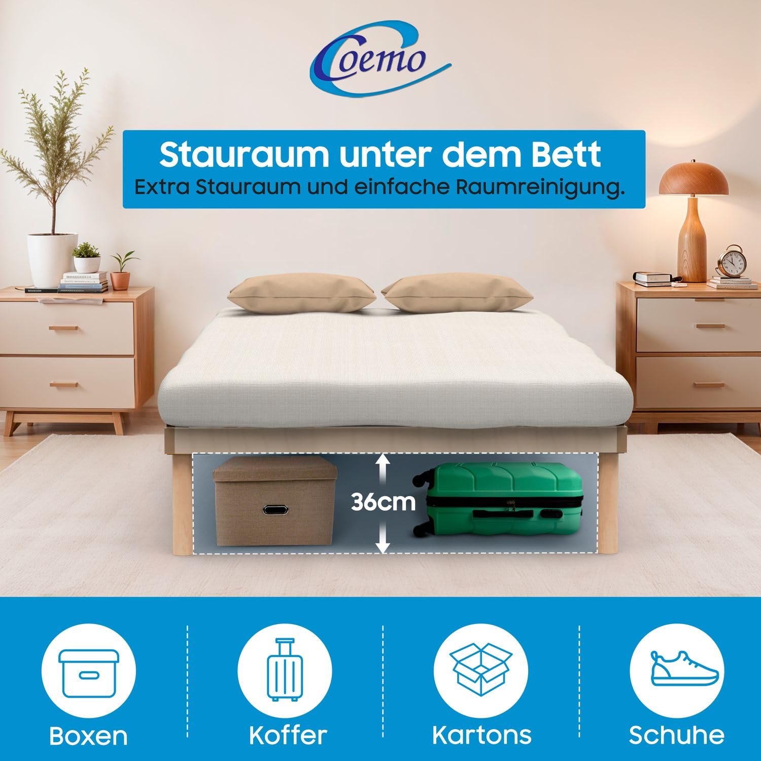 Coemo Pyxis Bettgestell 90x200 mit integriertem Lattenrost - Elegantes Design, Massivholz Buche, Platzsparend, Hohe Belastbarkeit, Einfache Montage