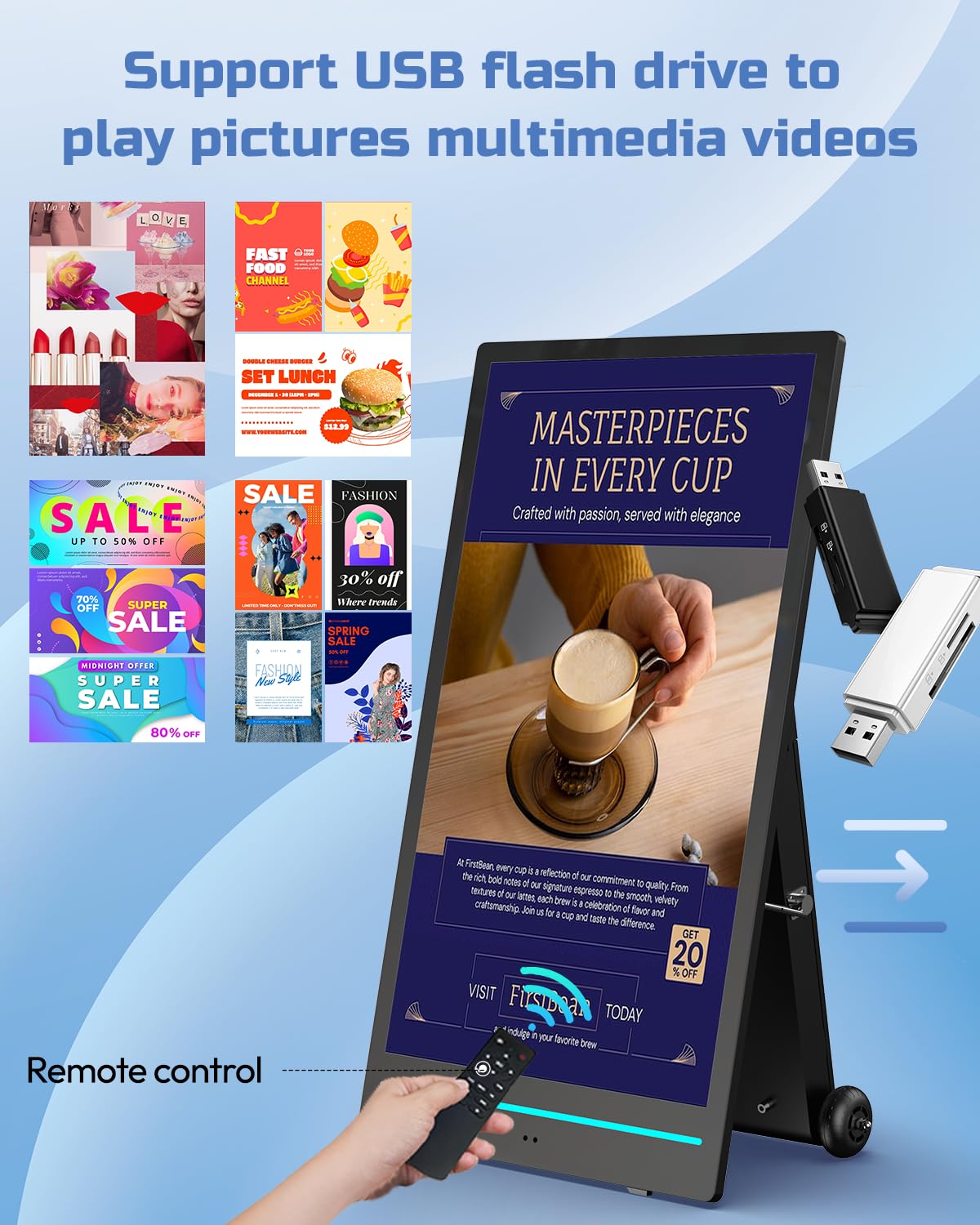 55'' Pantalla Publicidad Exterior Alta Luminosidad 2000Nits, Digital Signage Display Móvil con Baterías Recargables y Ruedas, IP65 Resistente, para Restaurante, Food Trucks, Puestos Callejeros