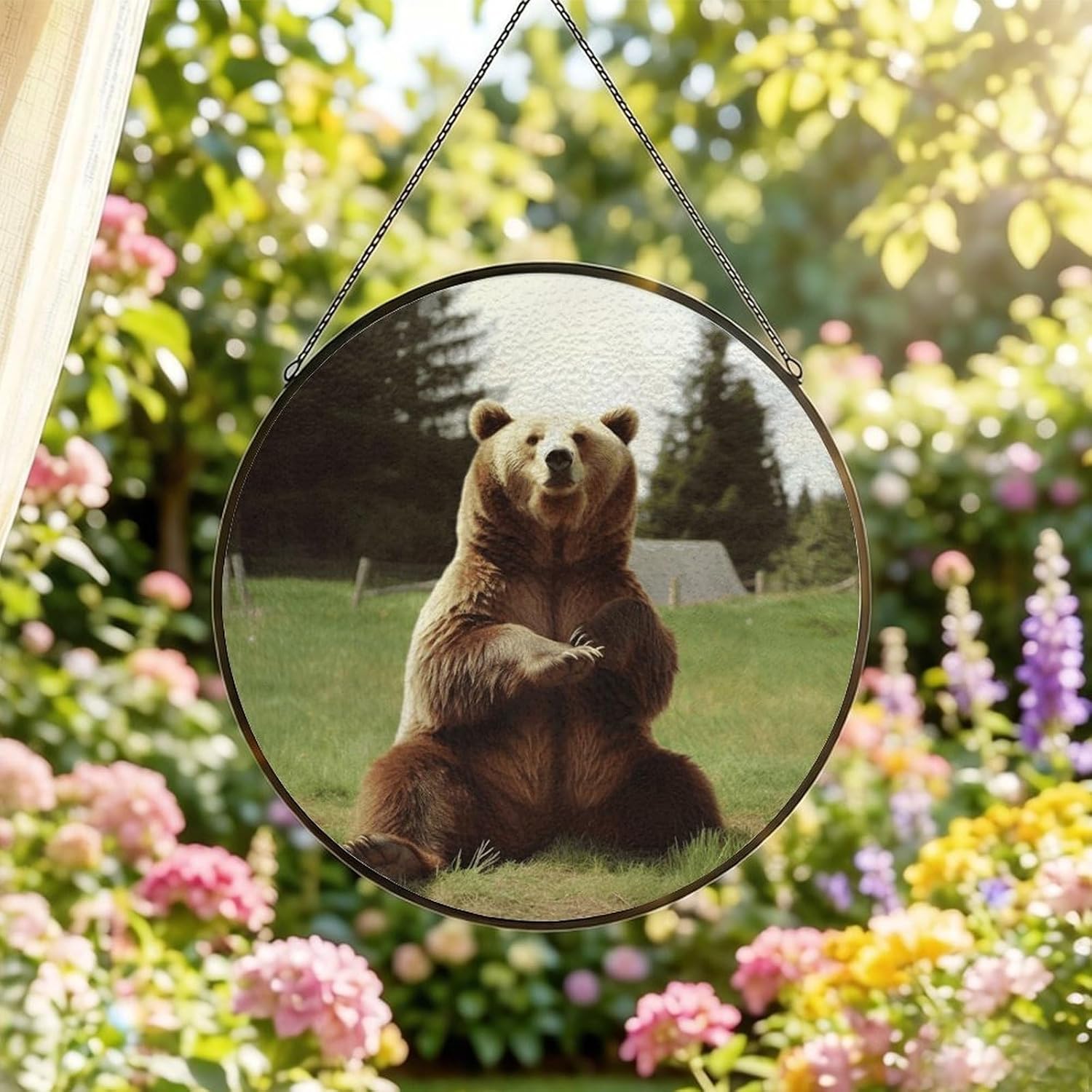 30x30cm Round Stained Glass Suncatcher for Window Hanging Decor with Chain