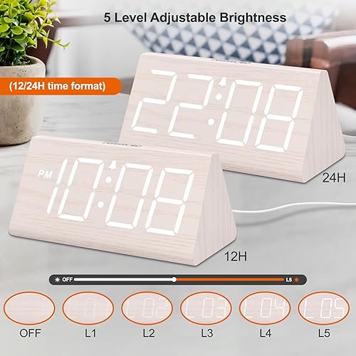 Miniatura 26 de DreamSky Reloj despertador digital de madera para dormitorios, reloj de escritorio eléctrico con números grandes, puerto USB, alarma fuerte
