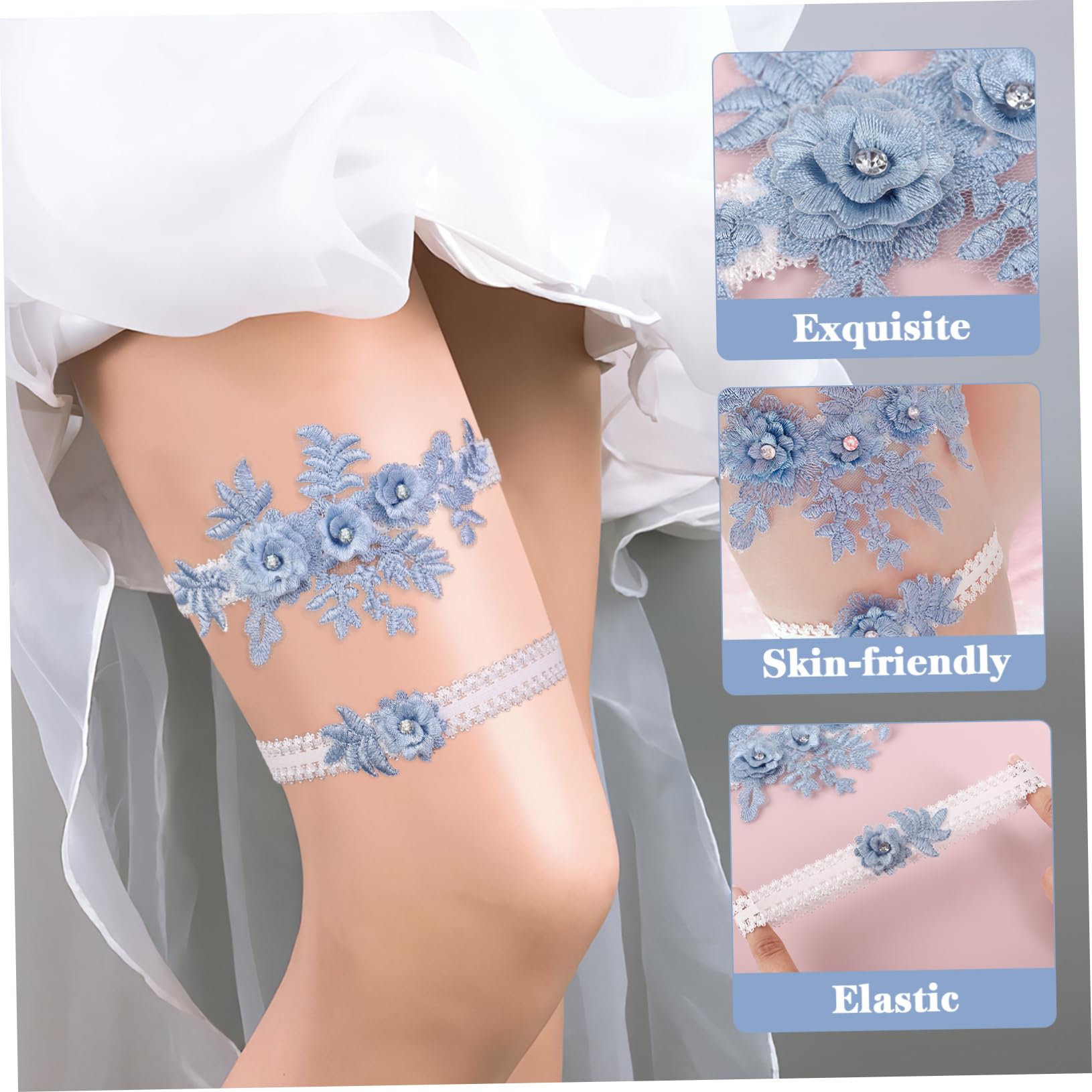2 Jarretelles Mariage Dentelle Strass Bleu - Élastiques, Pour Mariée Ou Fête