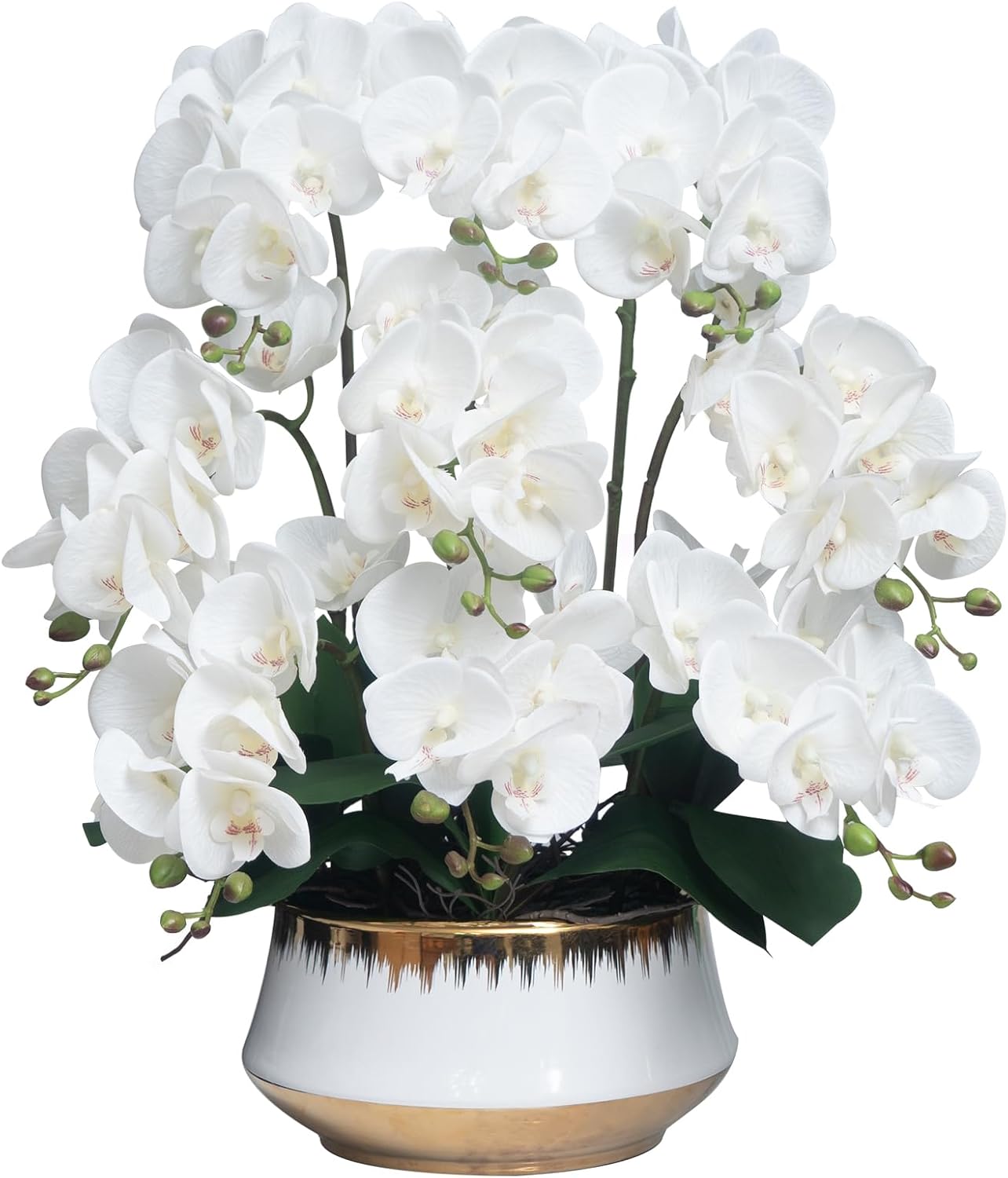 CXGS Orchids Artificial Flower Real Touch Faux Orchid in Large Ceramic Vase 23.6'' Realistic White Fake Phalaenopsis Floral Arrangements Centerpiece Table Home Indoor Decor