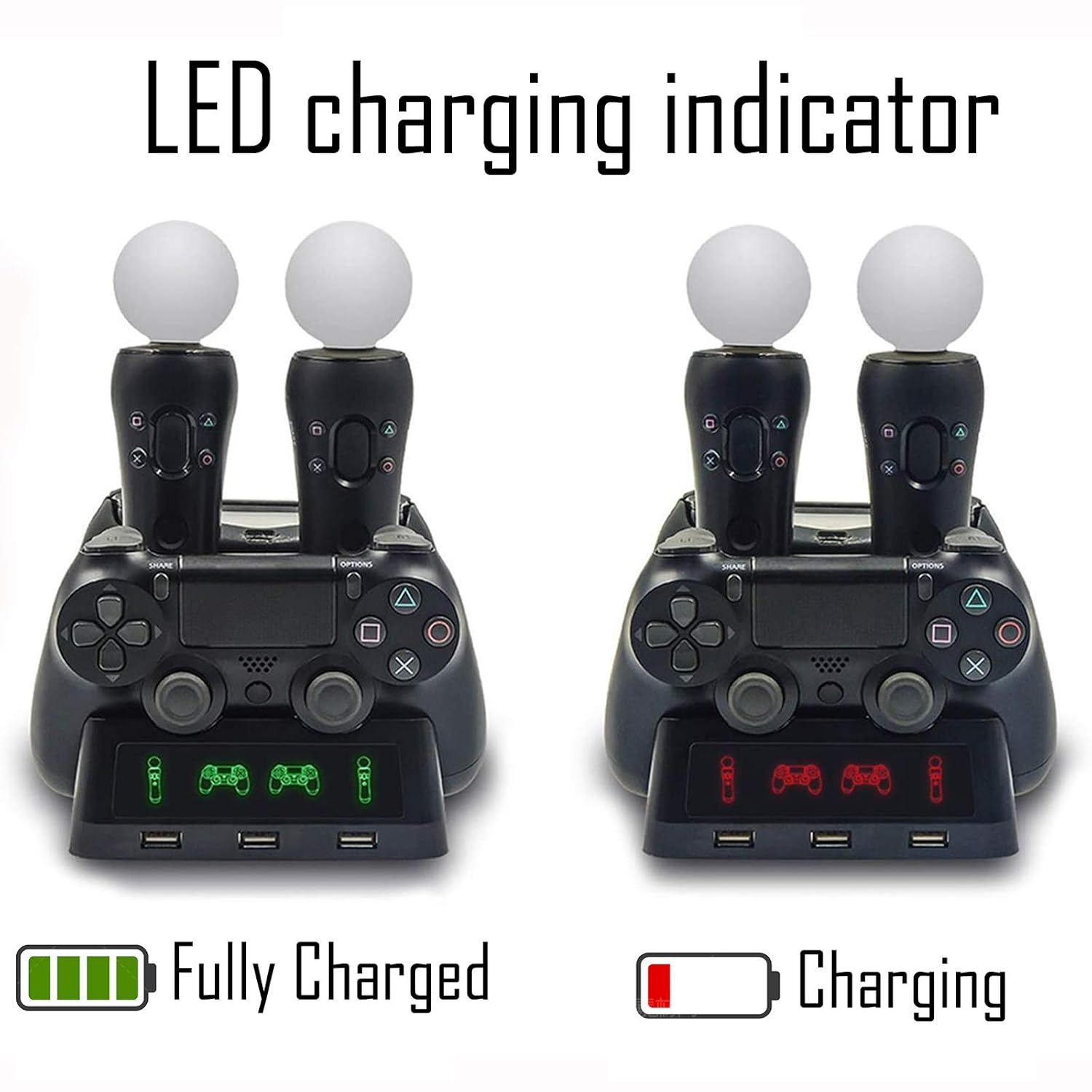 PS4 Controller Charger Dock Station Charging Dock for Playstation VR Move Motion Controllers PSVR Controller Charging Station with LED Indicator