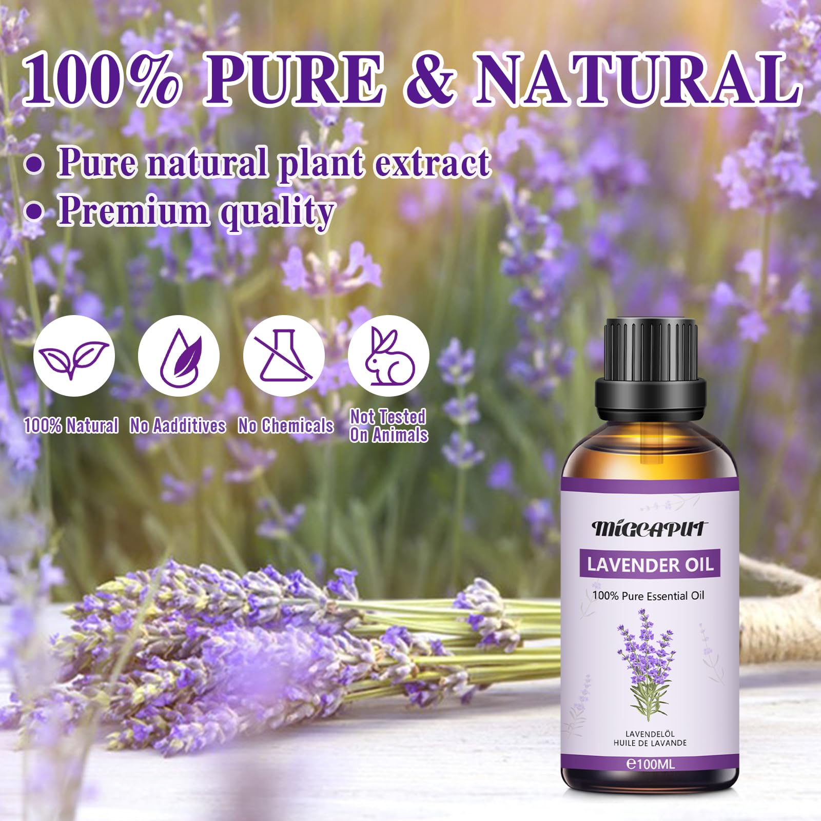 MIGCAPUT Olio Essenziale di Lavanda 100ML, Olio di Lavanda di Grado Terapeutico, 100% Naturale Oli Essenziali di Aromaterapia per Diffusori, Umidificatore, Massaggi, Relax, Aiutare a Dormire