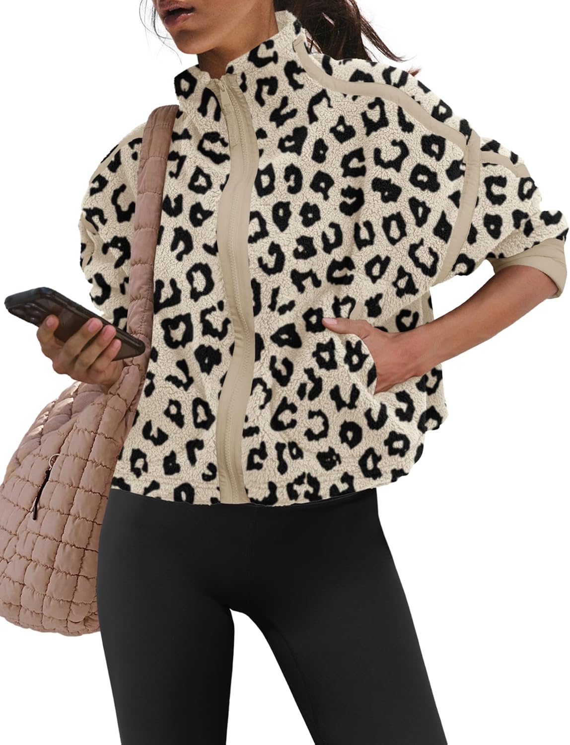 LAMISSCHE Zip up Fleece Jacket Women Oversized Mock Neck Sherpa Sweatshirt Striped Long Sleeve Pullover with Pockets