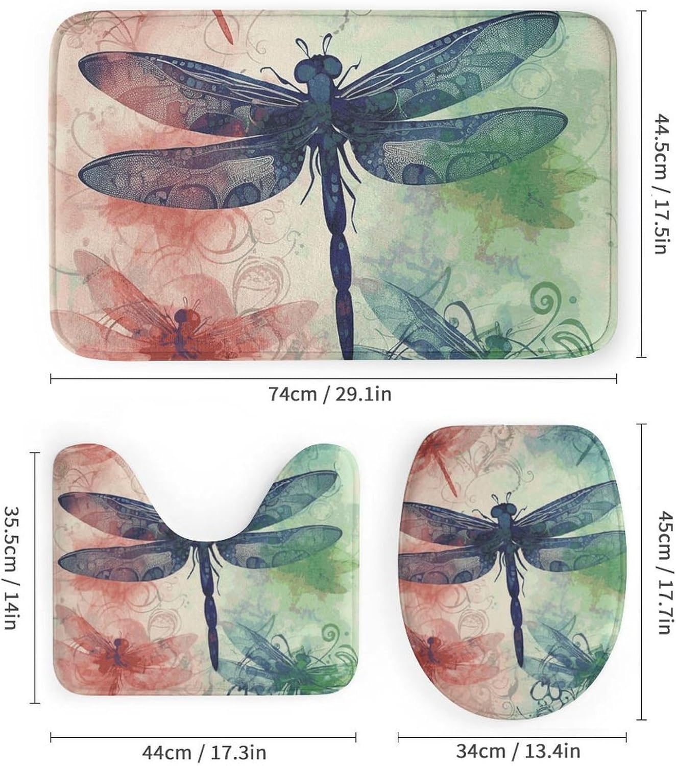 Modern Dragonfly Shower Curtain Set 4 Piece, Non-Slip Bath Mat with Toilet Lid Cover and Waterproof Shower Curtain with 12 Hooks, Complete Bathroom Set for Home Decor