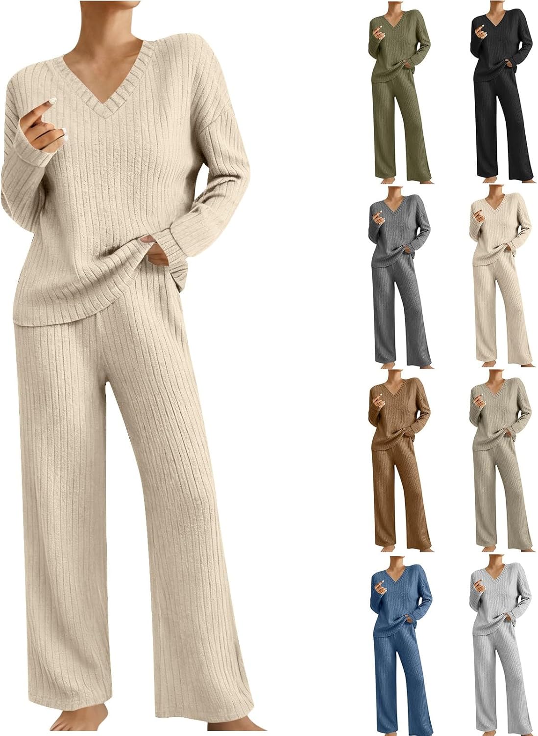 Lounge Sets for Women V Neck Tops and Wide Leg Pants 2 Piece Ribbed Set Airport Travel Outfits Comfy Matching Set