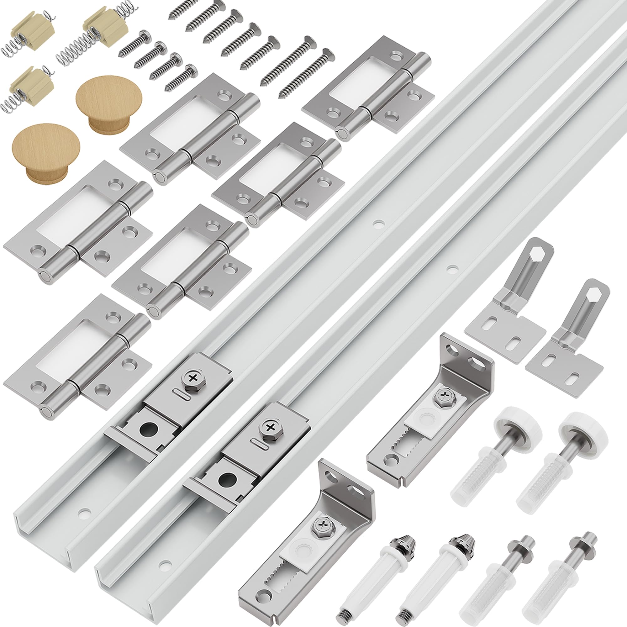 Closet Bifold Door Hardware & 36 Inch Track 2-Pack Kit, Folding Doors Bi-Fold Puertas Repair Replacement Kit for Bedroom Laundry, with Rail Floor & Top Bracket Pivot Pin Guide Roller Hinge Knob
