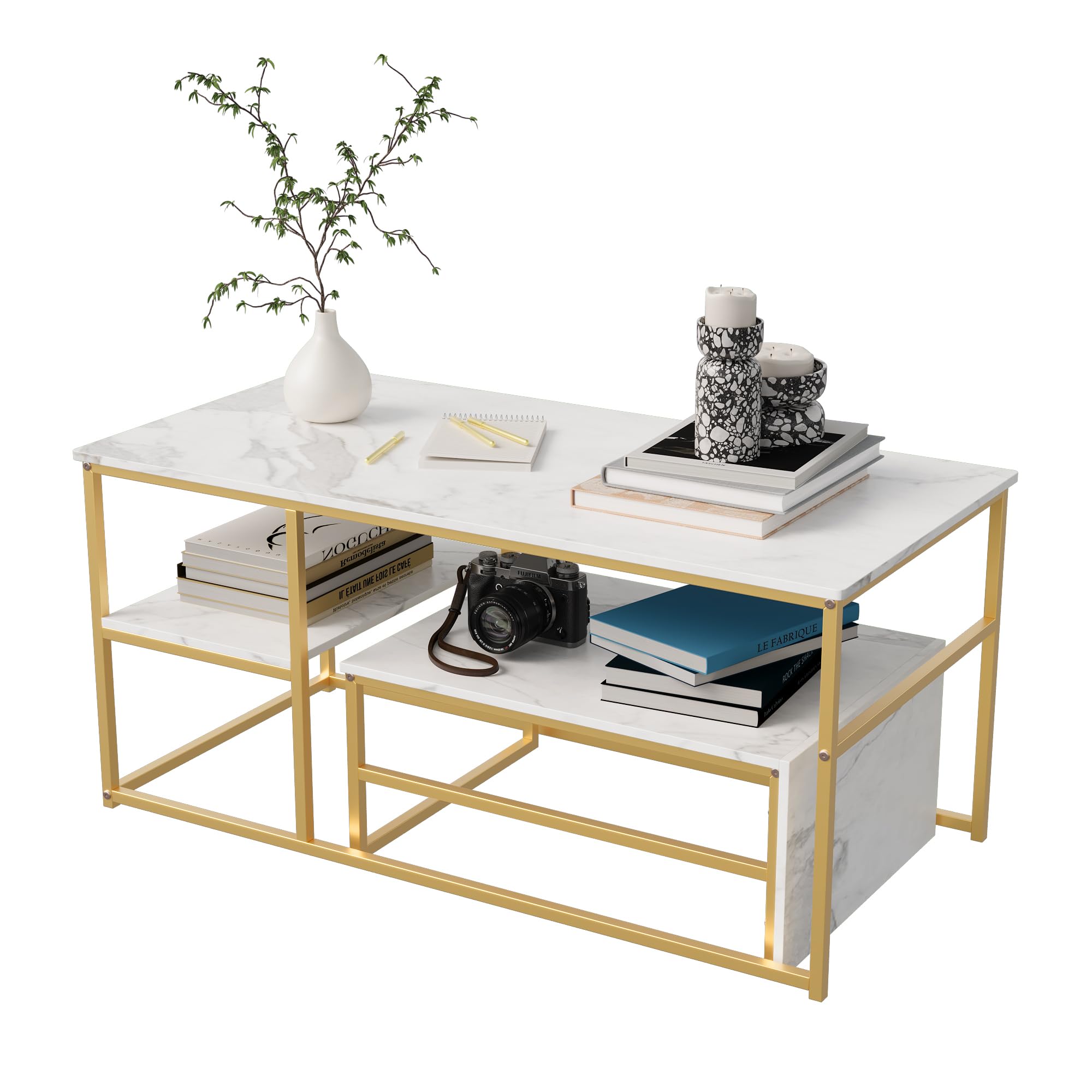 Juego de 2 Mesas de Salón Rectángulo: Mesa Centro + Auxiliar - Mesa de Café Anidables con Estructura Metal para Sala de Estar,Modernas,Blanco Dorado