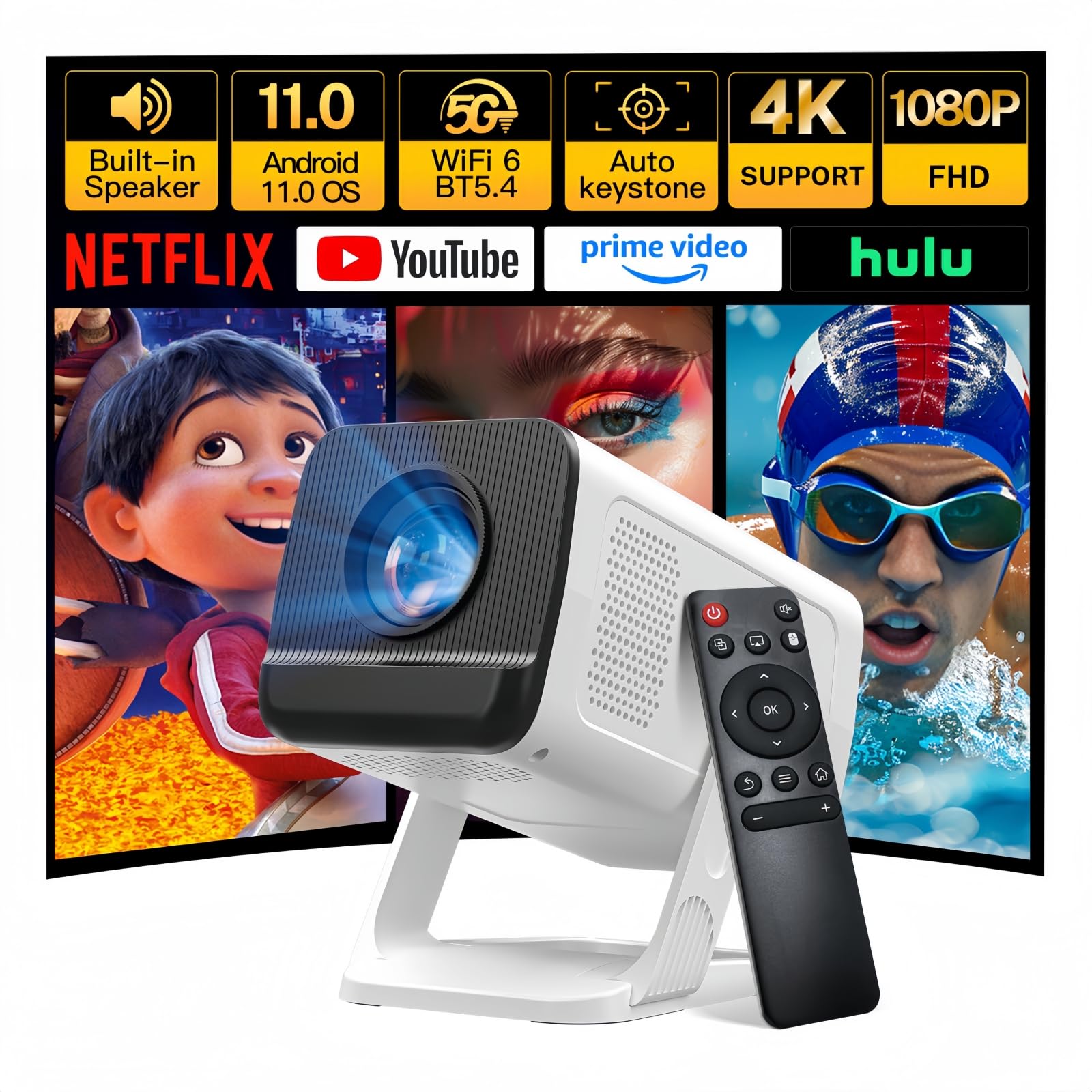 [Apps Integradas & Android 11] Mini Proyector con 5G WiFi 6 Bluetooth 5.4, Soporte 4K 1080P, Auto Keystone, 270° Rotable Projector Portátil Compatibile con HDMI/TV Stick/Laptop/USB/iOS LYNCAST