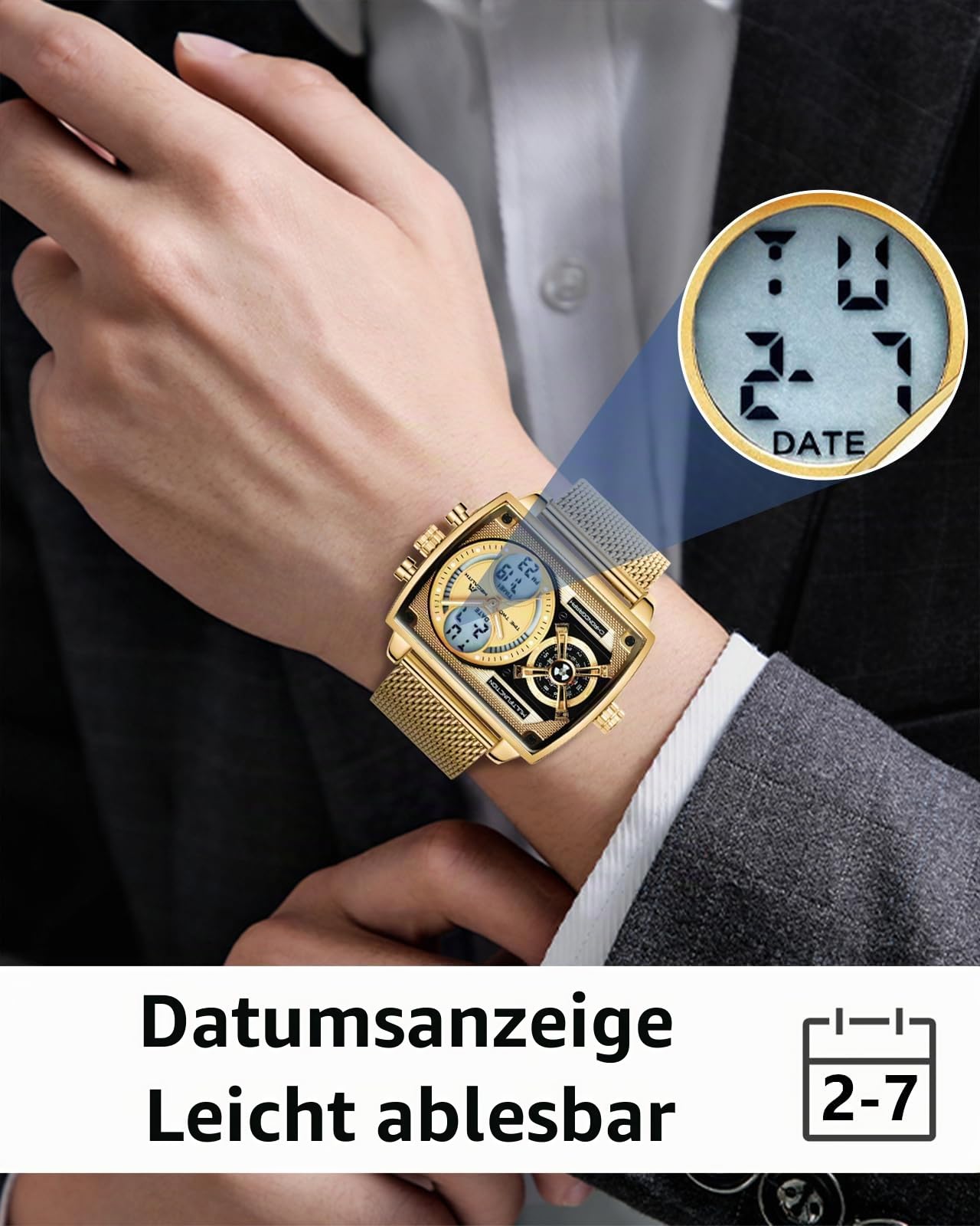 MEGALITH Herren Uhr Digital Analog: Multi-Zeitzone Arbeits Armbanduhr mit Groß Zifferblatt Quadratisch - Stilvoll Geschenke für Business Männer Jubiläum Geburtstag