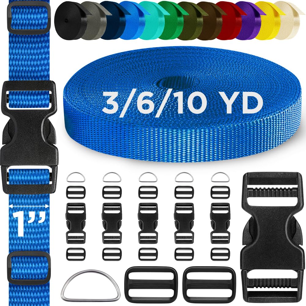 TECEUM Buckles & Strap Kit – 1" Simple Blue Nylon Webbing 6 (yd) – 6 Heavy Duty Adjustable Plastic Buckles – 12 Tri-Glide Slide Clips – 6 Metal D-Ring