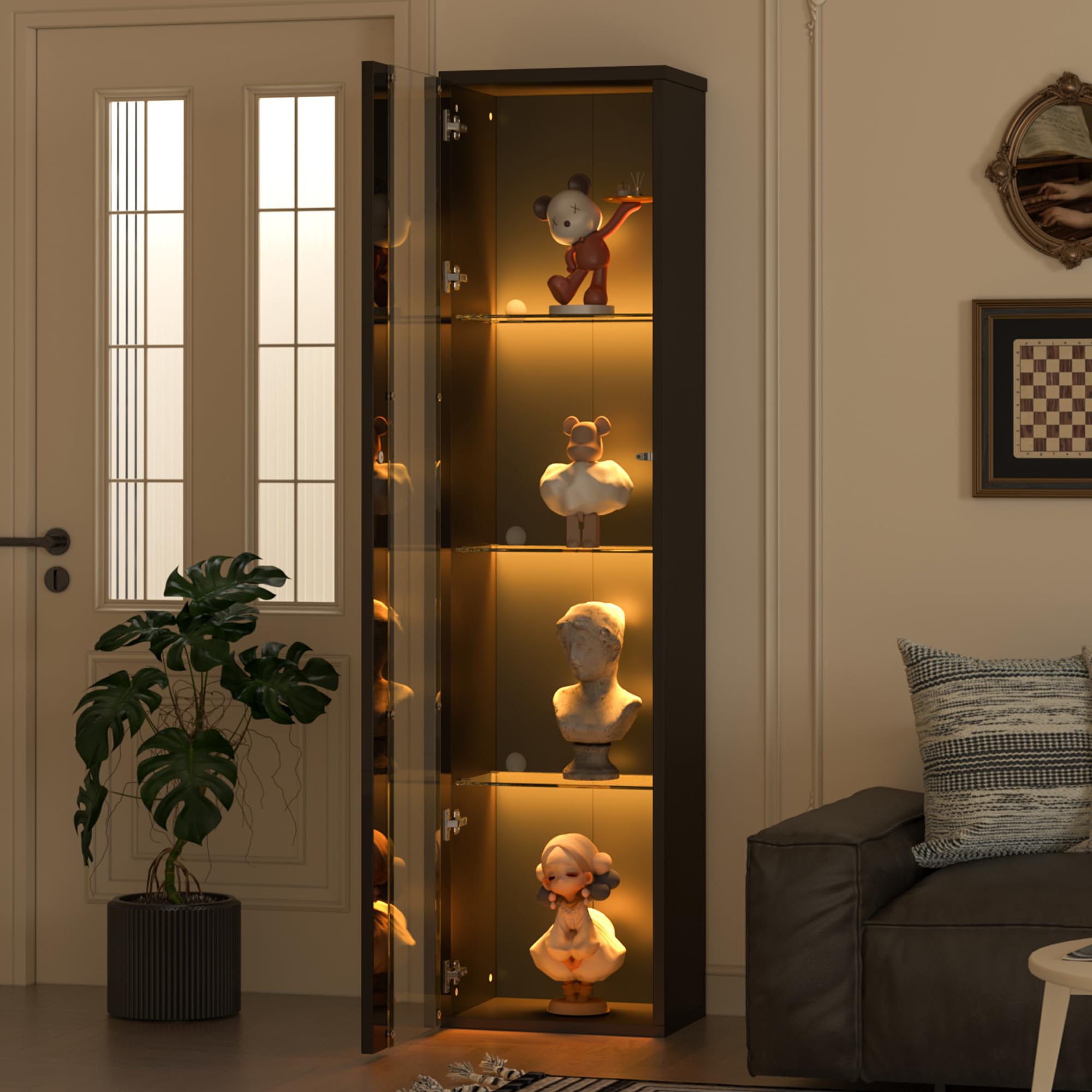 Bladez Vetrina con illuminazione a LED, 40 x 29 x 170 cm, vetrina in vetro a 4 livelli, con vetro acrilico e cambio colore tramite app/telecomando, moderna vetrina da collezione per soggiorno, ufficio