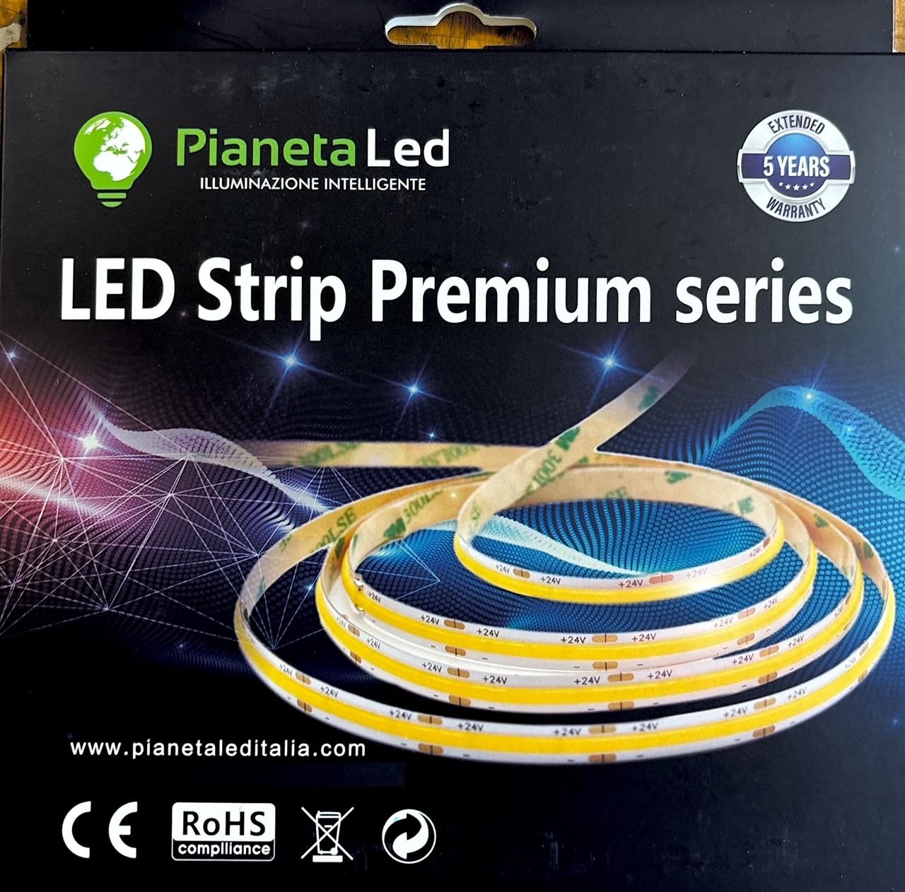 Rotolo 5 Metri Striscia Led COB 10 W/M Luce Continua 5 Mt 24 V con Biadesivo Mod. Premium (3000 K Luce Calda (Warm White))