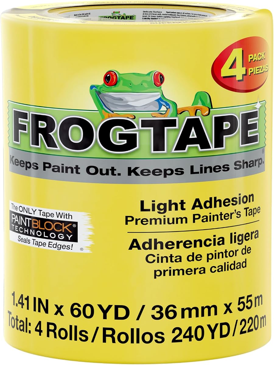 Delicate Surface Painters Tape with PAINTBLOCK, 1.5 in Wide (1.41 in x 60 yd), Low Adhesion, Painting Tape Ideal for Freshly Painted Walls, Trim & Surfaces, Yellow, 4 Rolls (240662)