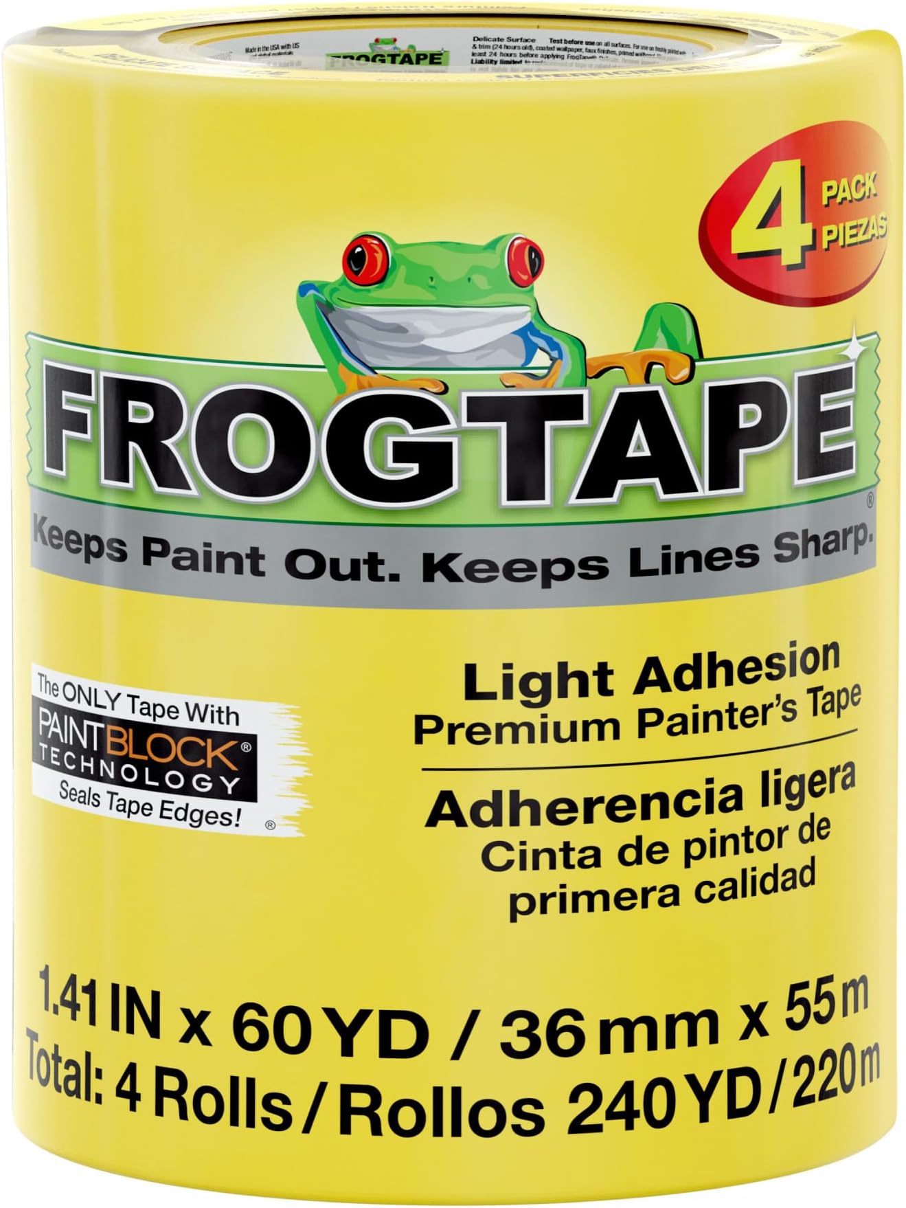Delicate Surface Painters Tape with PAINTBLOCK, 1.5 Inch Wide (1.41 In. x 60 Yds), Low Adhesion, Ideal for Freshly Painted Walls, Trim & Surfaces, Yellow, 4 Rolls (240662)