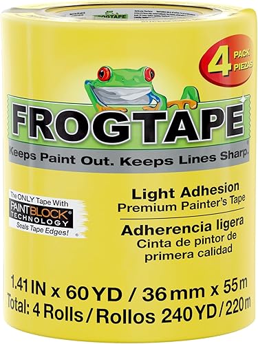 FrogTape Cinta para pintores de superficies delicadas con bloque de pintura, 1.5 pulgadas de ancho (1.41 pulgadas x 60 yardas), baja adherencia,