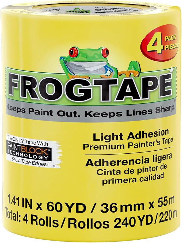 Delicate Surface Painters Tape with PAINTBLOCK, 1.5 in Wide (1.41 in x 60 yd), Low Adhesion, Painting Tape Ideal for Freshly Painted Walls, Trim & Surfaces, Yellow, 4 Rolls (240662)