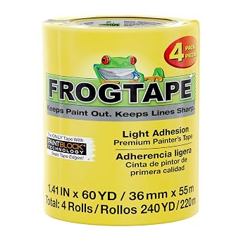 FrogTape Delicate Surface Painters Tape with PAINTBLOCK, 1.5 in Wide 1.41 in x 60 yd, Low Adhesion, Painting Tape Ideal for Freshly Painted Walls, Trim & Surfaces, Yellow, 4 Rolls 240662