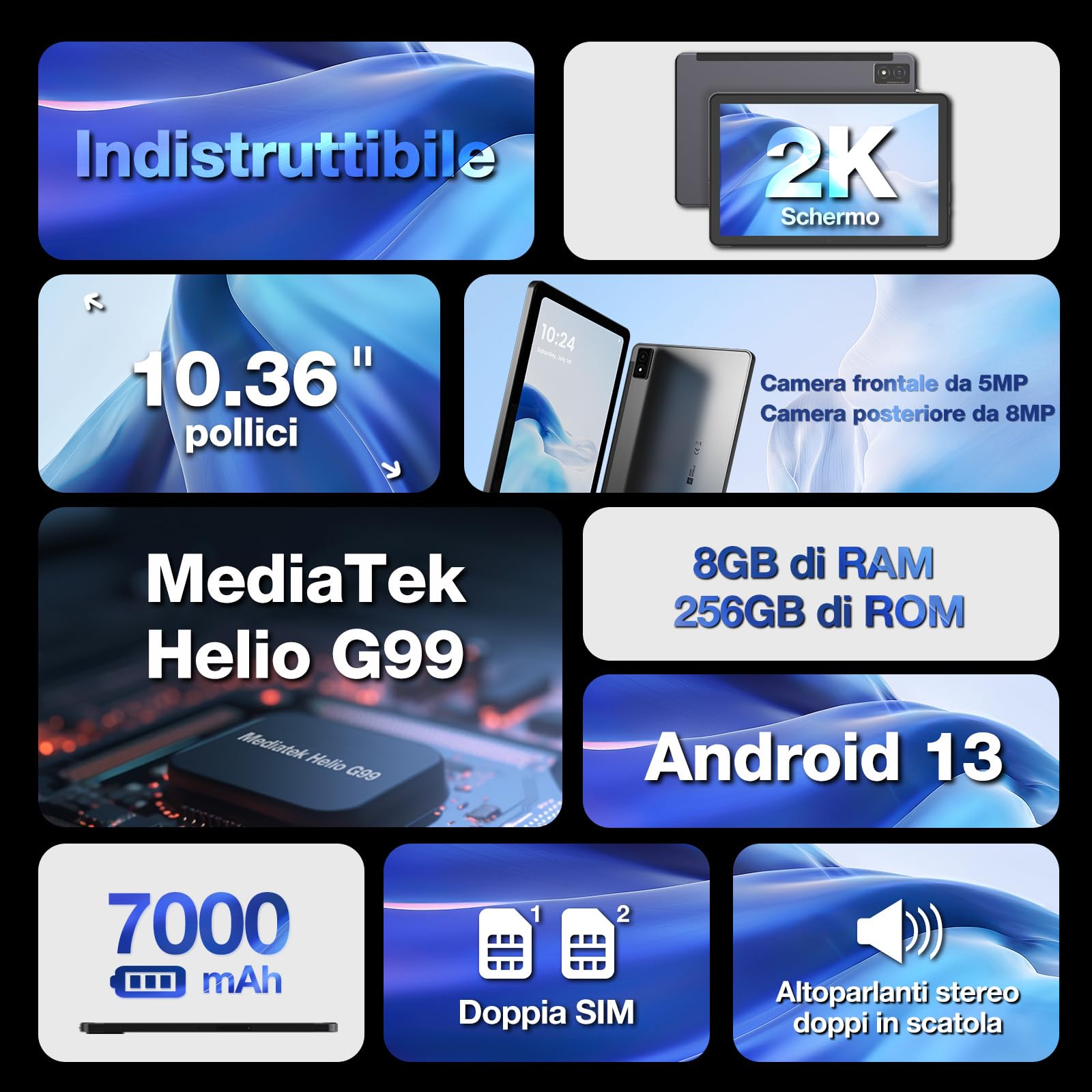 AGM PAD P1 Tablets PC, 10,36" 2K FHD IPS Android13 Rugged Tablet, 8GB+256GB/2TB TF, MTK G99, Doppi Altoparlanti BOX 1224, Batteria 7000mAh, Dual SIM 4G Tablet, Con Custodia e Tastiera