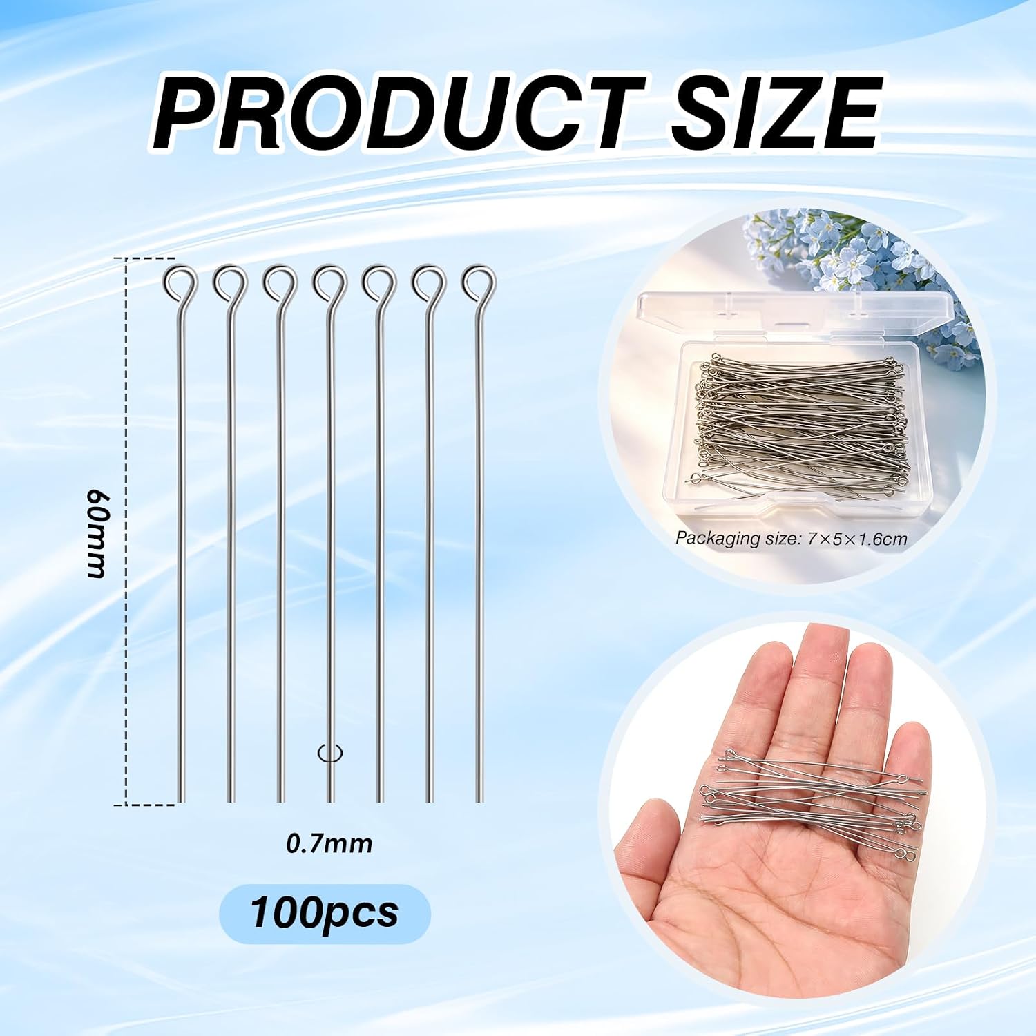 TOAOB 100pcs Stainless Steel Eye Pins Set 60mm Silver