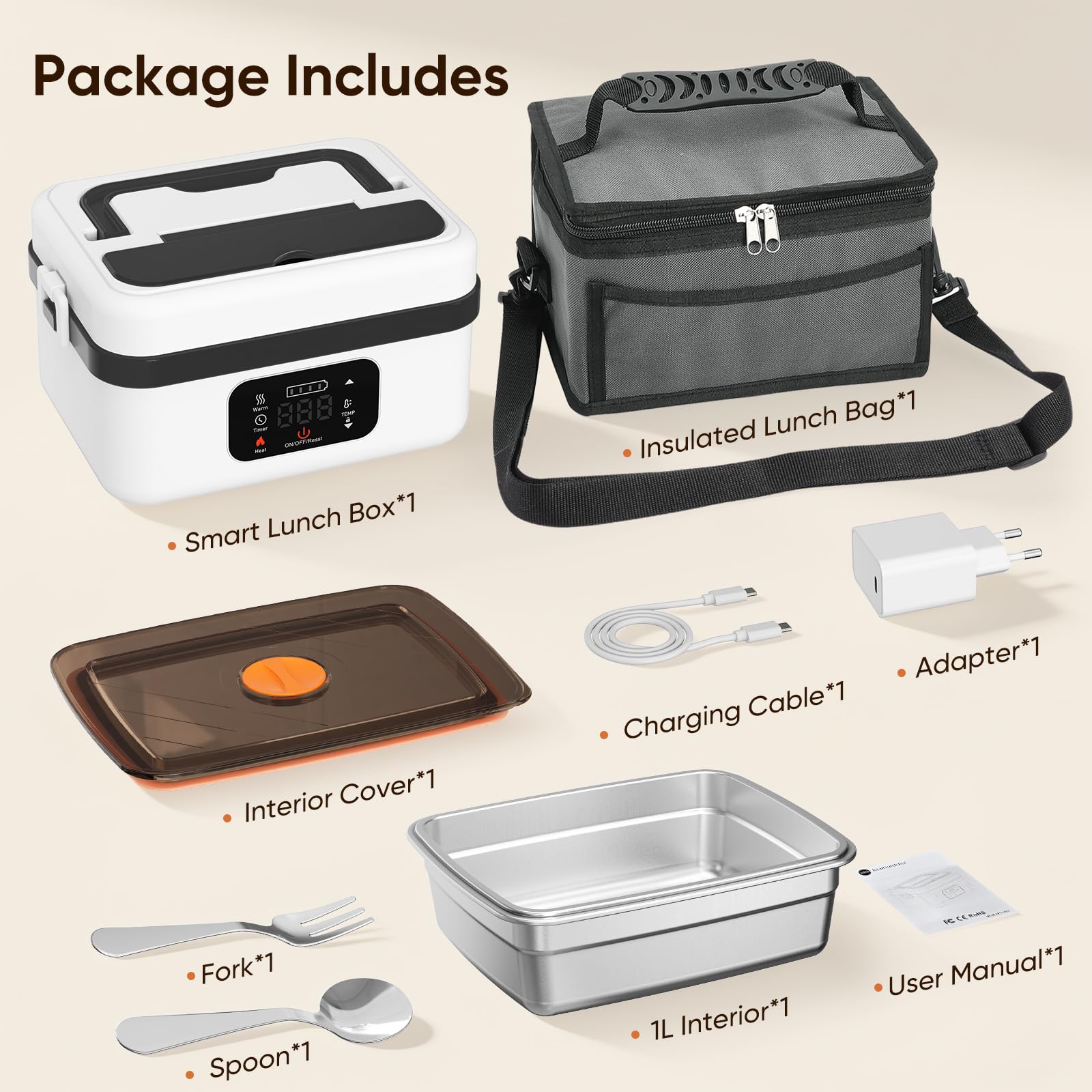 Fiambrera Electrica,Calentador de Comida Portatil 1L para Comida con 60W almuerzo caja calefactora con calefacción programable, acero inoxidable desmontable para coche, camión de oficina(Negro y gris)