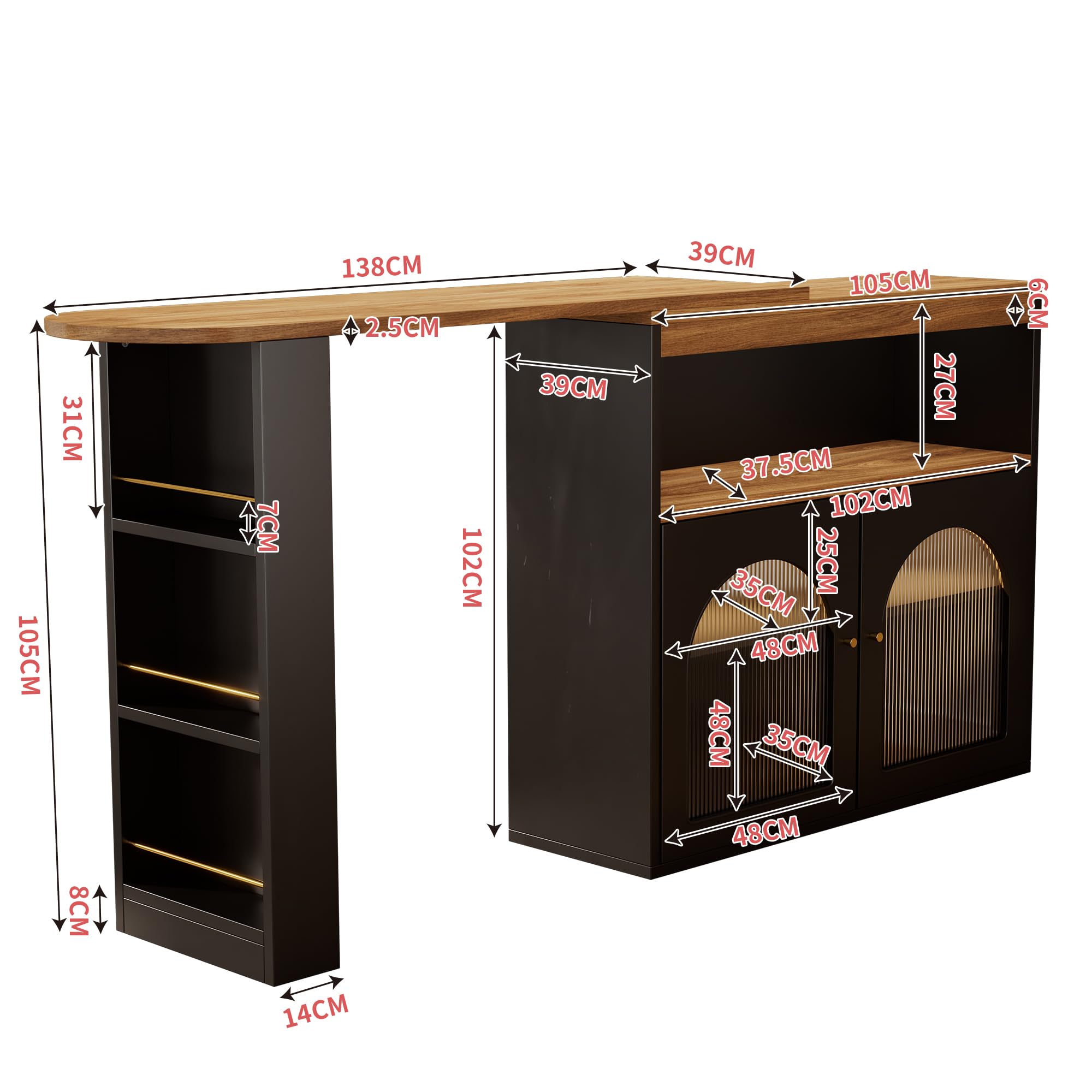 Îlot de Cuisine Extensible 138-205 cm, Table Bar Pivotante 360°, Meuble Rangement Porte Vitrée et Étagères, Table Haute Moderne pour Salle à Manger et Bar (Noir, 138 x 35 x 105 cm)