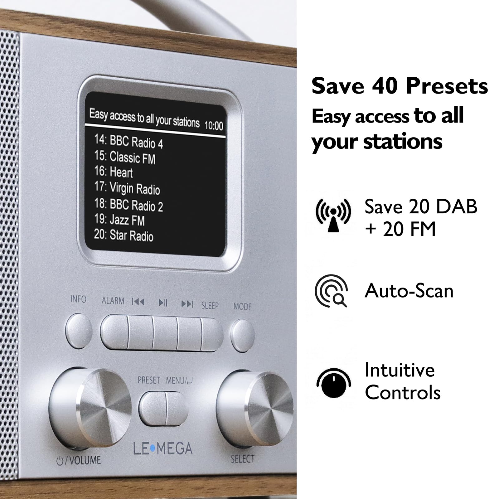 LEMEGA DR6 Poste Radio Stereo DAB/DAB+ Numérique avec Bluetooth, FM, Radio Réveil - Noyer