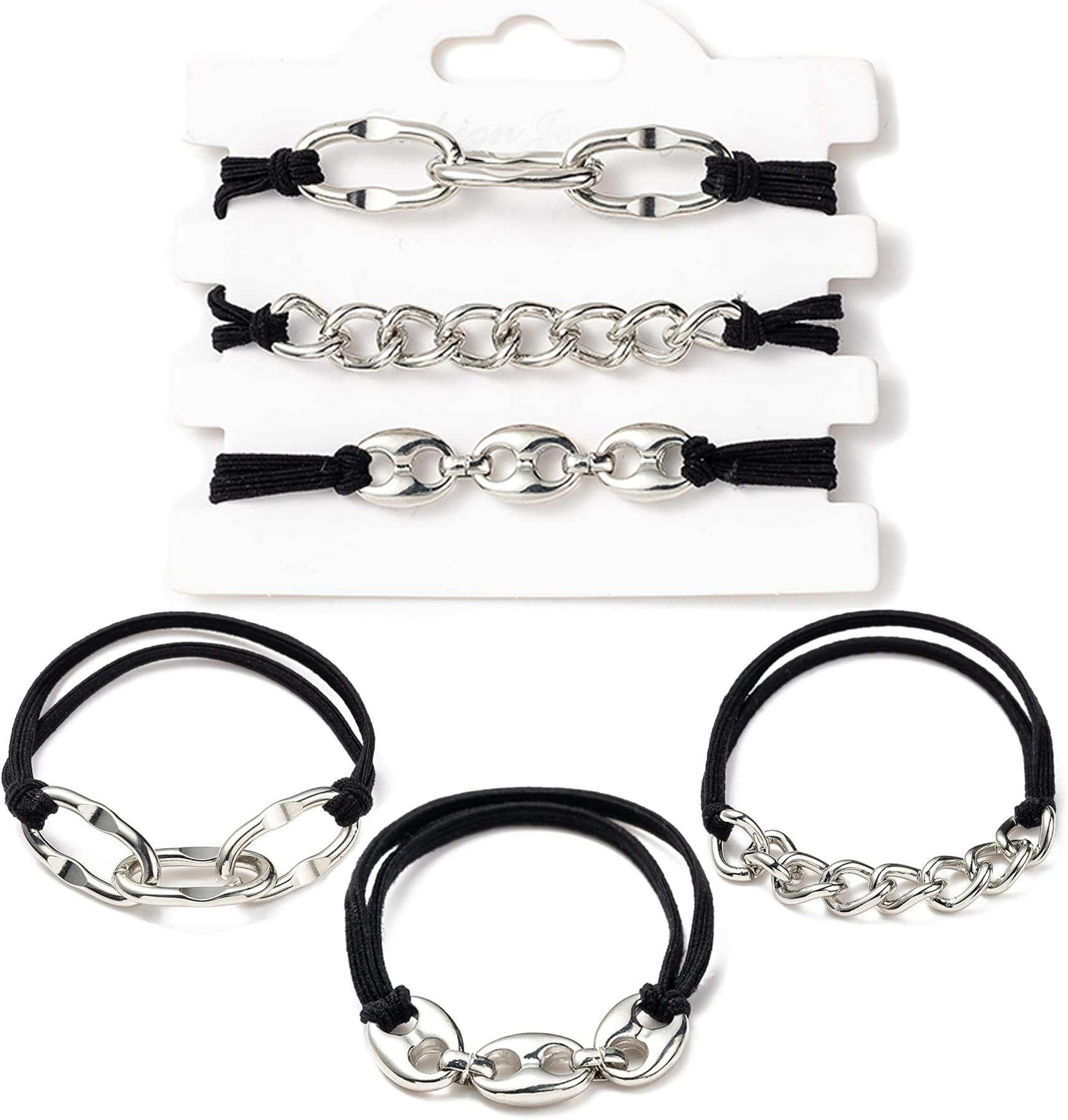 ESEHGSBracelet Hair Ties With Gold Silvery and Beige Elastic,2 in 1 No Crease Hair Ponytails & Elastic,Looks Cute On Your Wrist And Great In Your Hair (3PCS, Black Silver-A)