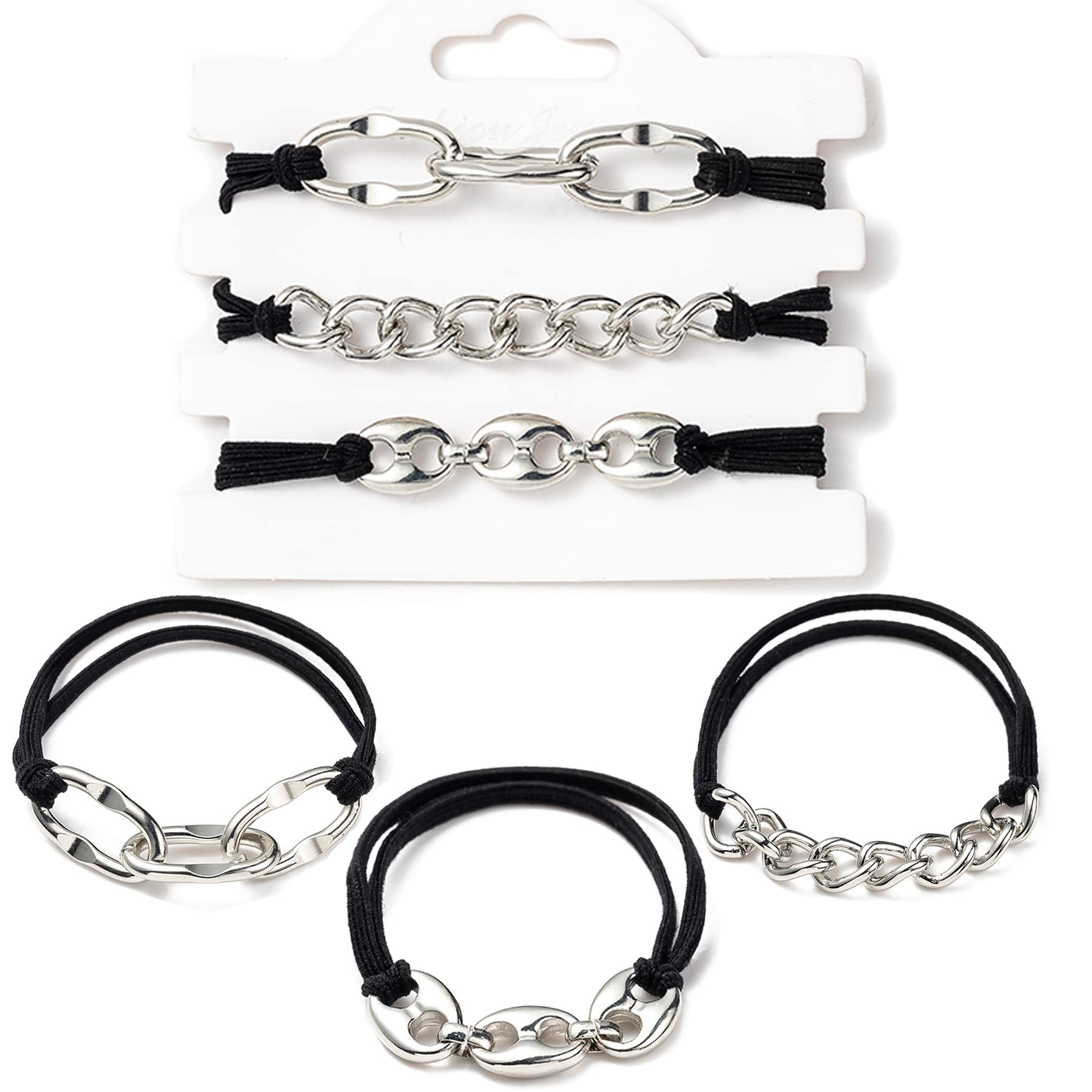 ESEHGSBracelet Hair Ties With Gold Silvery and Beige Elastic,2 in 1 No Crease Hair Ponytails & Elastic,Looks Cute On Your Wrist And Great In Your Hair (3PCS, Black Silver-A)