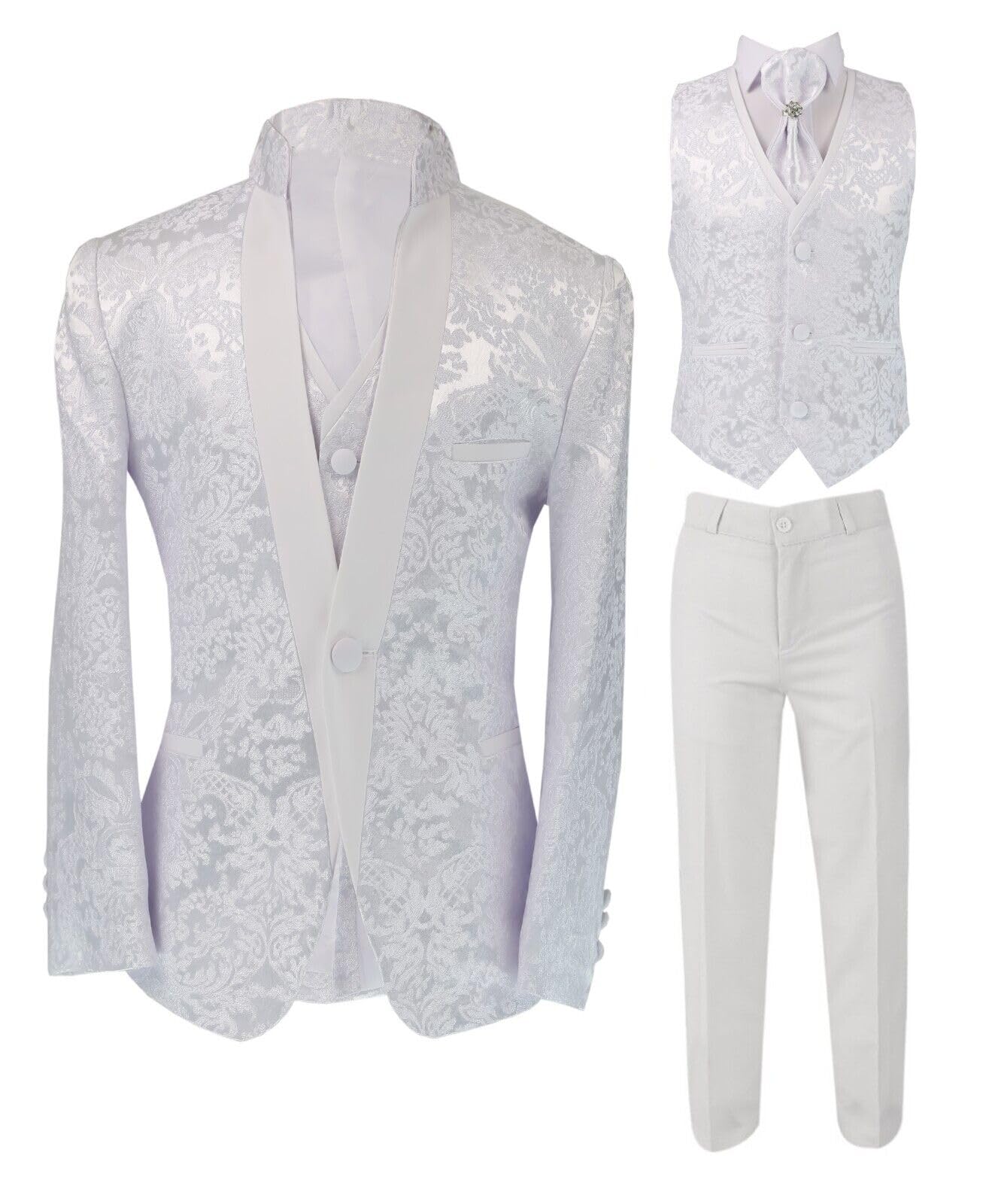 Traje de Esmoquin de 6 Piezas con diseño de Cachemira Floral Blanco para niño, para Bautizo, comunión y Todas Las Ocasiones Especiales