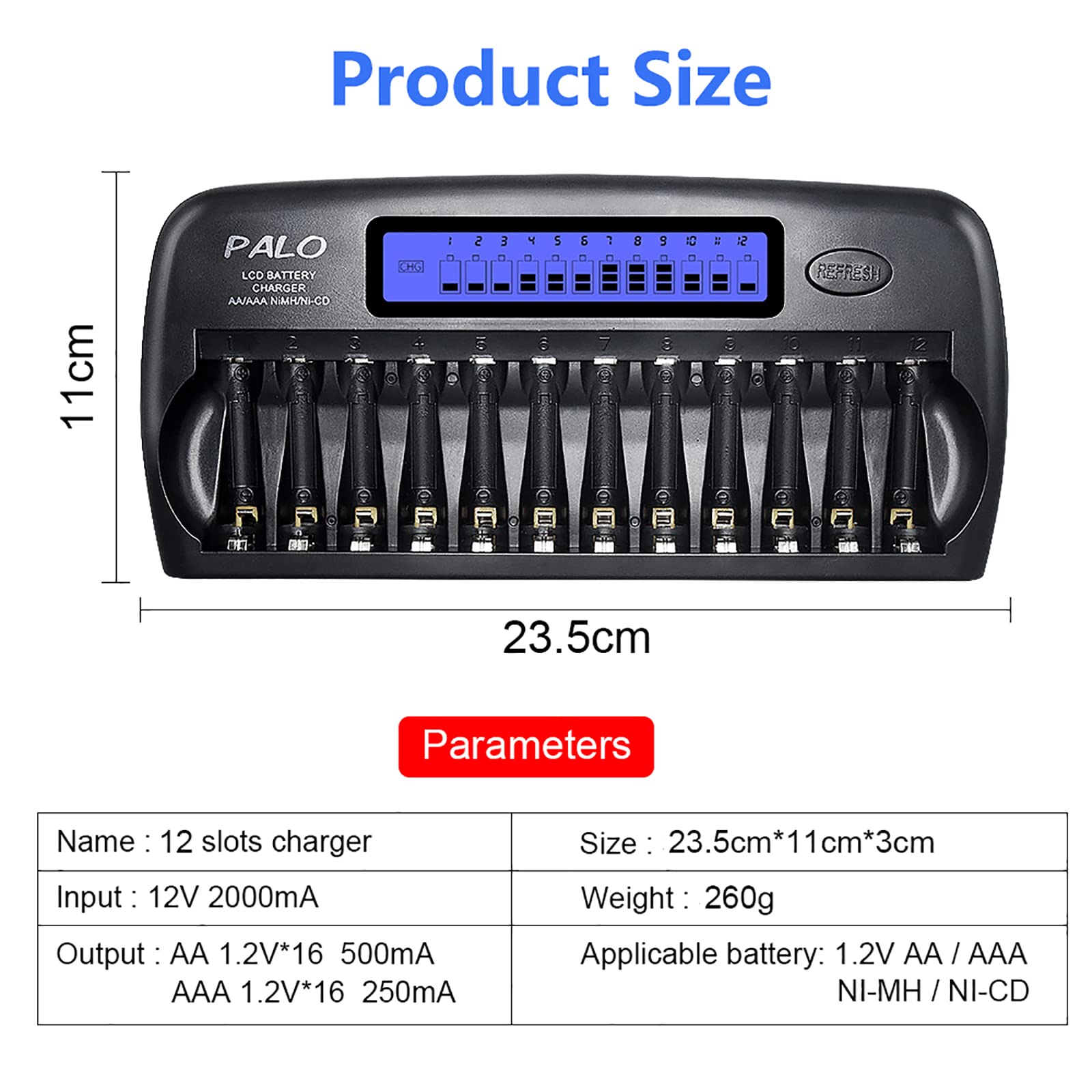 CITYORK 12 Bay LCD Smart Charger Built-in IC-Schutz, für AA/AAA NI-MH/NI-Akku - mit Wechselstrom-Wand-Adapter [12V 2A Schnellladefunktion ], mit Akku AA-Sets