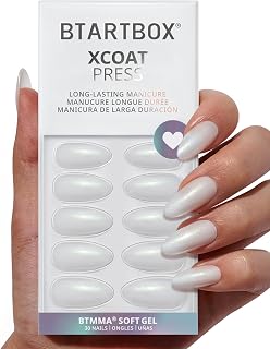 BTArtbox Press On Nails Almond - Lamp-Curable Glitter White Medium Press On Nails with Glue for Women, Semi-Transparent Soft Gel Glue On Nails in 15 Sizes - 30 Stick On Nails Kit, Disco Ball
