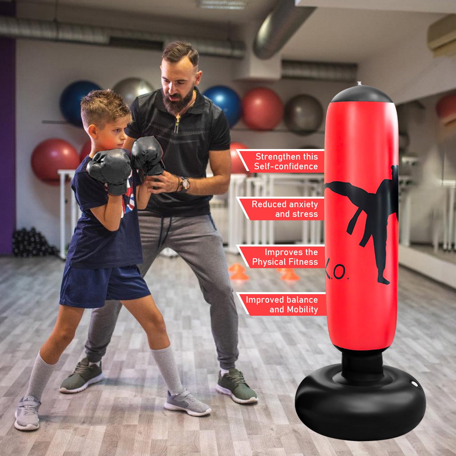 Sacco da boxe per bambini, 160 cm, per bambini, in piedi, con guantoni da boxe, gonfiabile, per interni, esterni, palestra, dai 3 ai 12 anni, per ragazzi e ragazze, colore rosso
