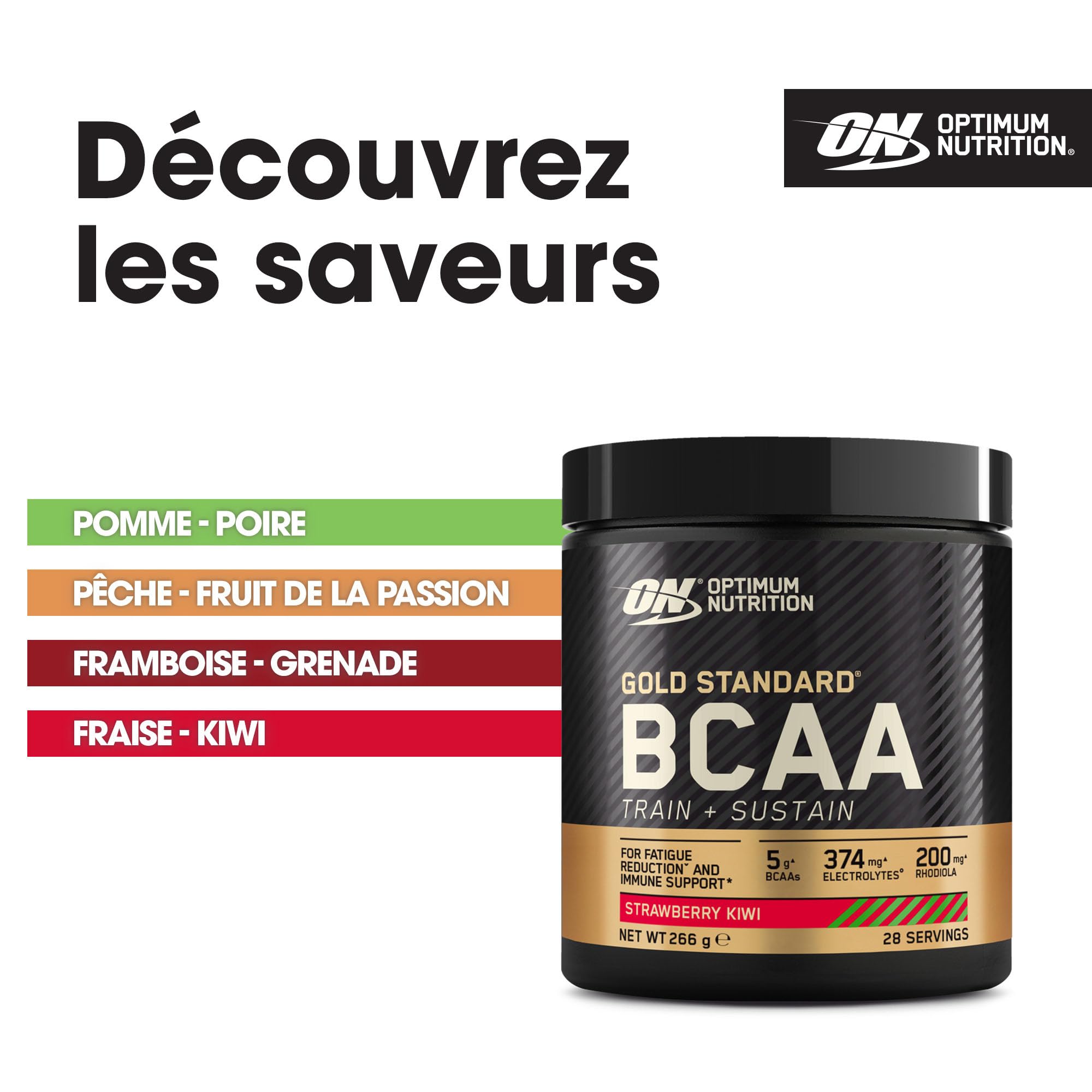 Optimum Nutrition Gold Standard BCAA Train + Sustain, poudre d'acides aminés pré-entraînement, boisson sportive, vitamine C, zinc, magnésium et électrolytes, saveur fraise & kiwi, 28 doses, 266 g