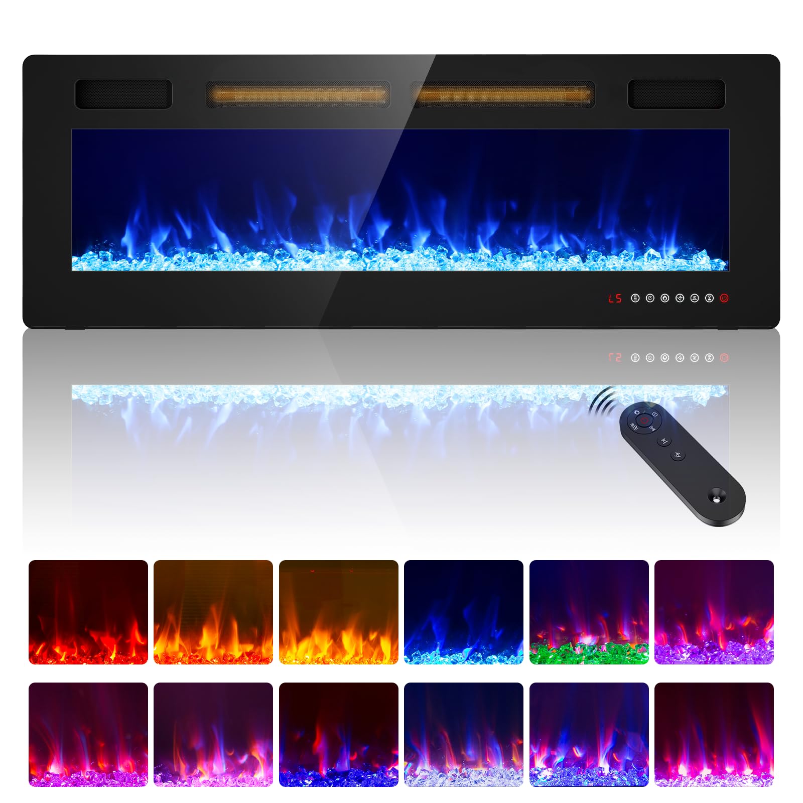 Kucreiheat Electric Fireplace-50 inch Fireplace Wall Mount/Recessed/Free Standing-Ultra Thin Wall Fireplace Electric with Remote Control, Timer, Double Heat Vent, 750w/1500w