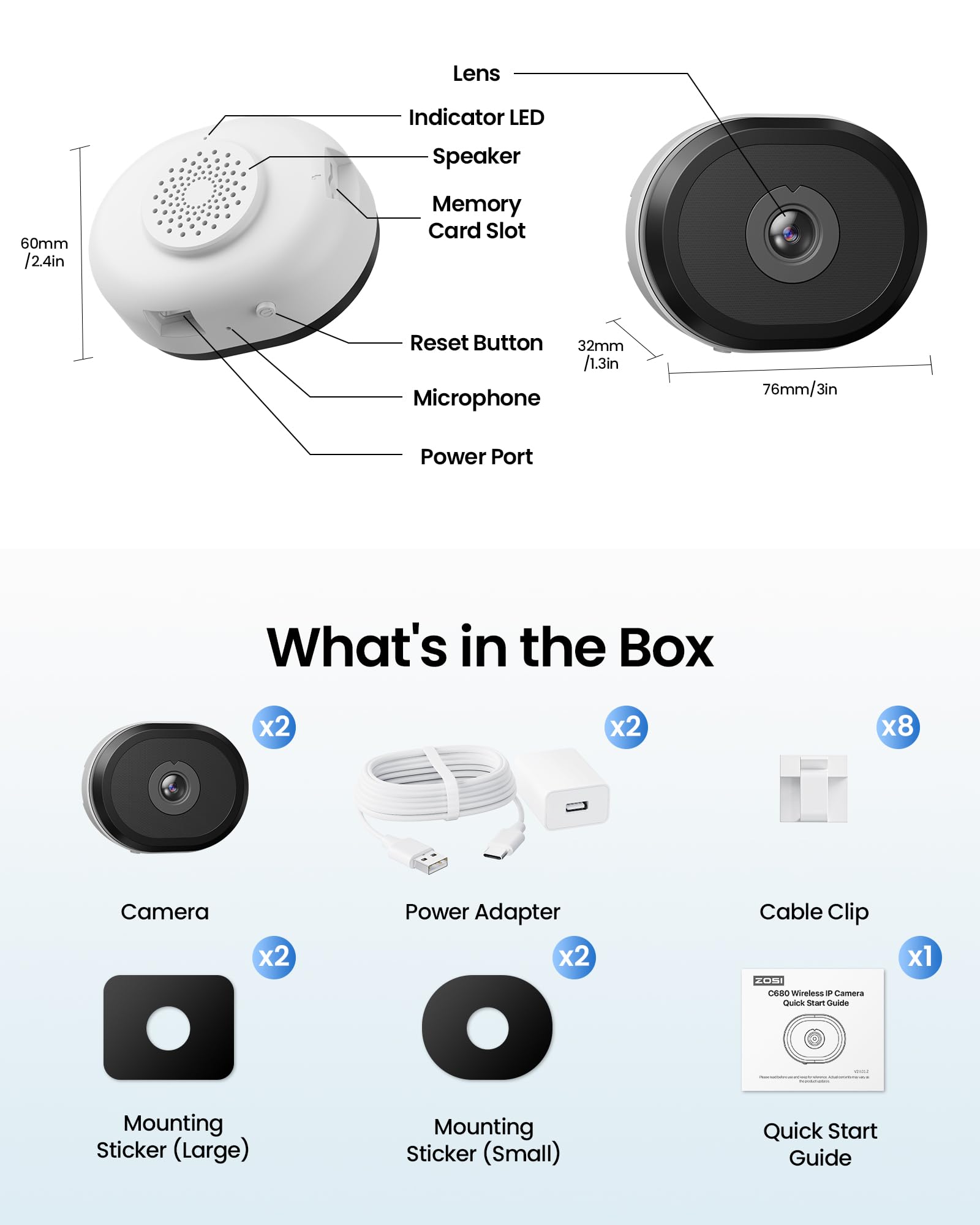 ZOSI 2 telecamere di sicurezza 2K C680 con visione notturna a colori da 3 MP, telecamera di sicurezza WiFi interna con spina domestica, rilevamento veicoli umani, WiFi 2,4/5 GHz, registrazione 24/7