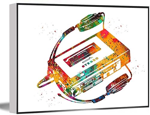 Póster de acuarela vintage con diseño de Walkman y auriculares, decoración de pared para dormitorio, decoración de pared, oficina, 12 x 18 pulgadas,