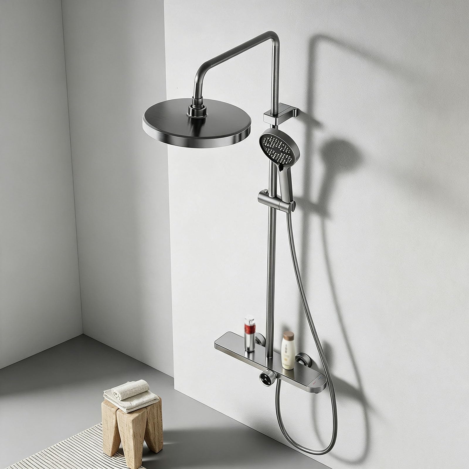 Colonna Doccia con Cascata e Soffione Doccia Rotondo Regolabile | Grigio Canna di Fucile Doccetta in Abs Kit Doccia a Muro Moderna Altezza Regolabile